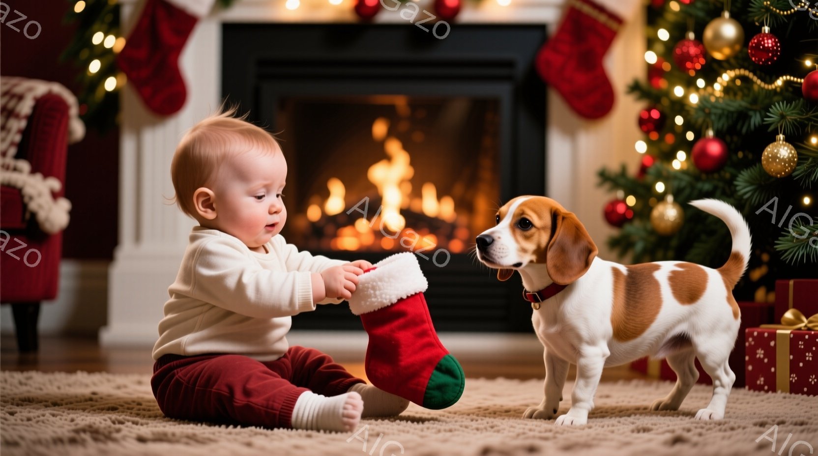 赤ちゃんが赤いクリスマスストッキングを手に持ち、興味津々とした表情でそれを見つめています。ベージュ色のカーペットの上に座り、白いセーターと赤いズボンを身につけています。背景には、クリスマスツリーと暖炉があり、部屋全体が温かく、お祝いムードに包まれています。