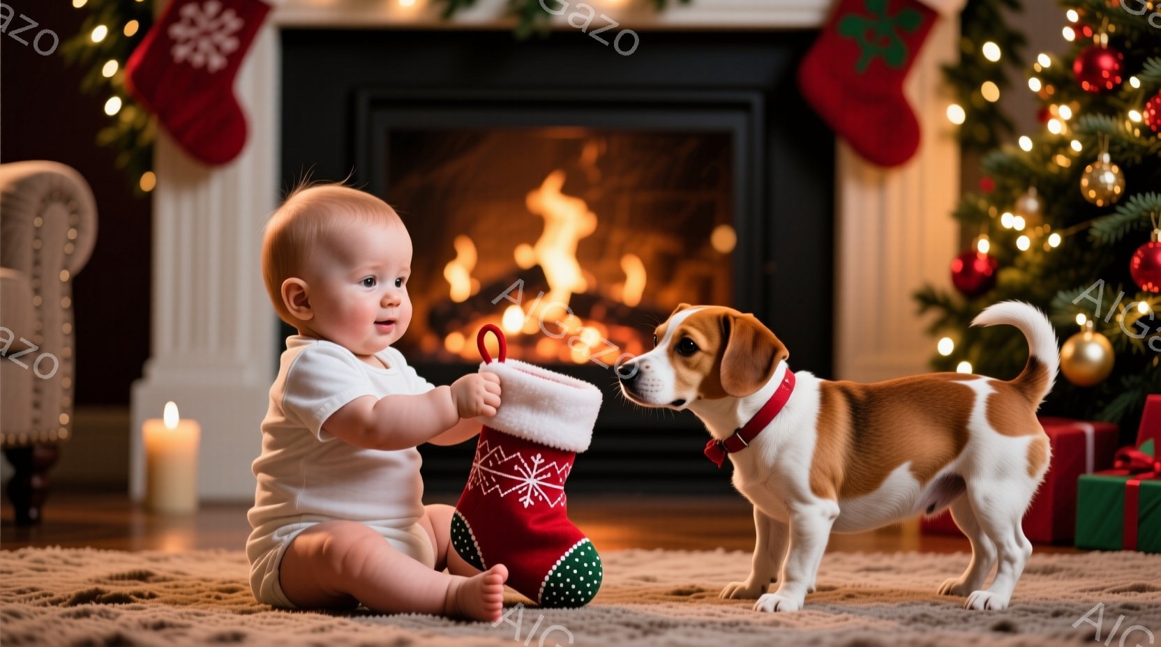 赤ちゃんが床に座り、赤いクリスマスストッキングを手に持っています。好奇心と笑顔を浮かべた表情で、そばにいる茶色と白のテリア犬を見つめています。背景には暖炉、クリスマスツリー、プレゼント、キャンドルがあり、暖かい祝日の雰囲気を醸し出しています。