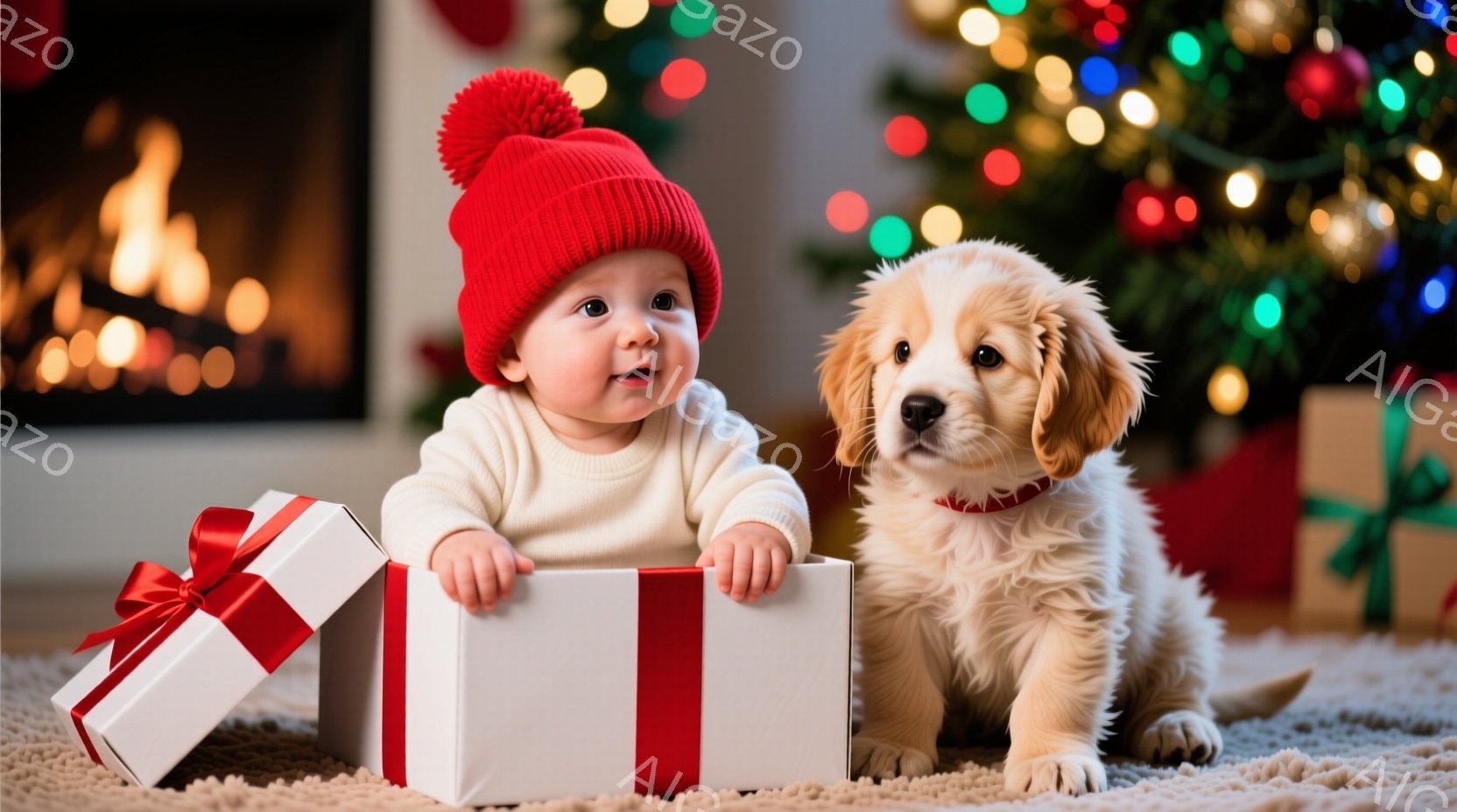 赤いニット帽をかぶった赤ちゃんが白いセーターを着て、大きなプレゼントボックスの横に座っています。好奇心と喜びにあふれた表情で、小さな手でプレゼントボックスを支えています。背景には、カラフルなライトで飾 - AI生成フリー素材