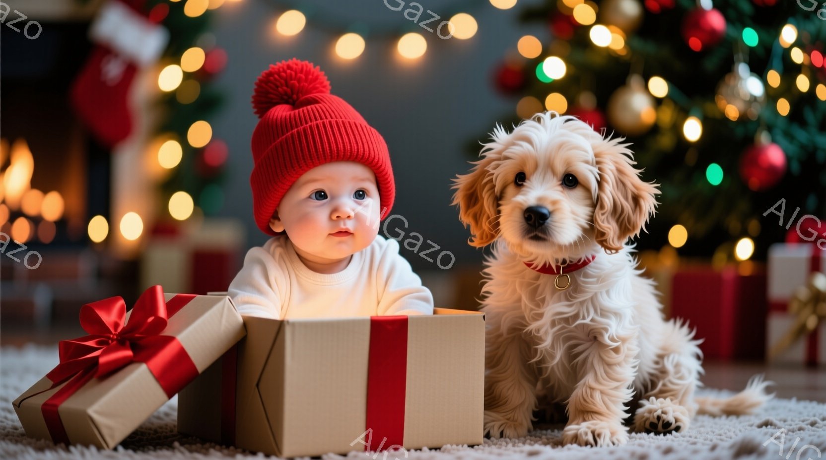 赤いニット帽をかぶった赤ちゃんが、リボンで飾られた茶色のギフトボックスから顔を出しています。ふわふわのクリーム色の犬が赤ちゃんの隣に座って、カメラを見ています。背景には、ぼやけたクリスマスツリーと暖かい光が広がり、温かく幸せなホリデーの雰囲気を醸し出しています。