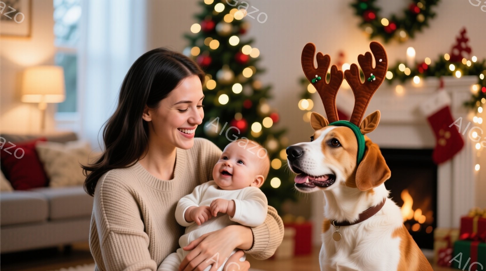 笑顔の女性が赤ちゃんを抱きかかえ、クリスマスのトナカイの角をつけた犬が彼女を見つめている様子が写っています。女性はベージュのニットセーターを着ており、赤ちゃんは白いロンパースを着ています。背景にはクリスマスツリーやプレゼント、暖炉があり、温かく幸せなクリスマスの雰囲気が漂っています。