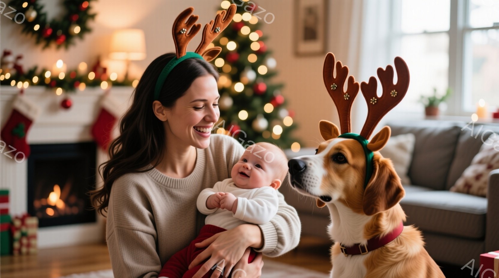 暖炉のある居間で、母親が赤ちゃんを抱き、犬がそばに座っています。母親はベージュ色のセーターを着ており、髪は肩まで伸びた茶色で、笑顔を見せています。犬も赤いトナカイの角のヘッドバンドを付けており、母親と赤ちゃんを見つめており、クリスマスの飾り付けが暖かく幸せな雰囲気を醸し出しています。