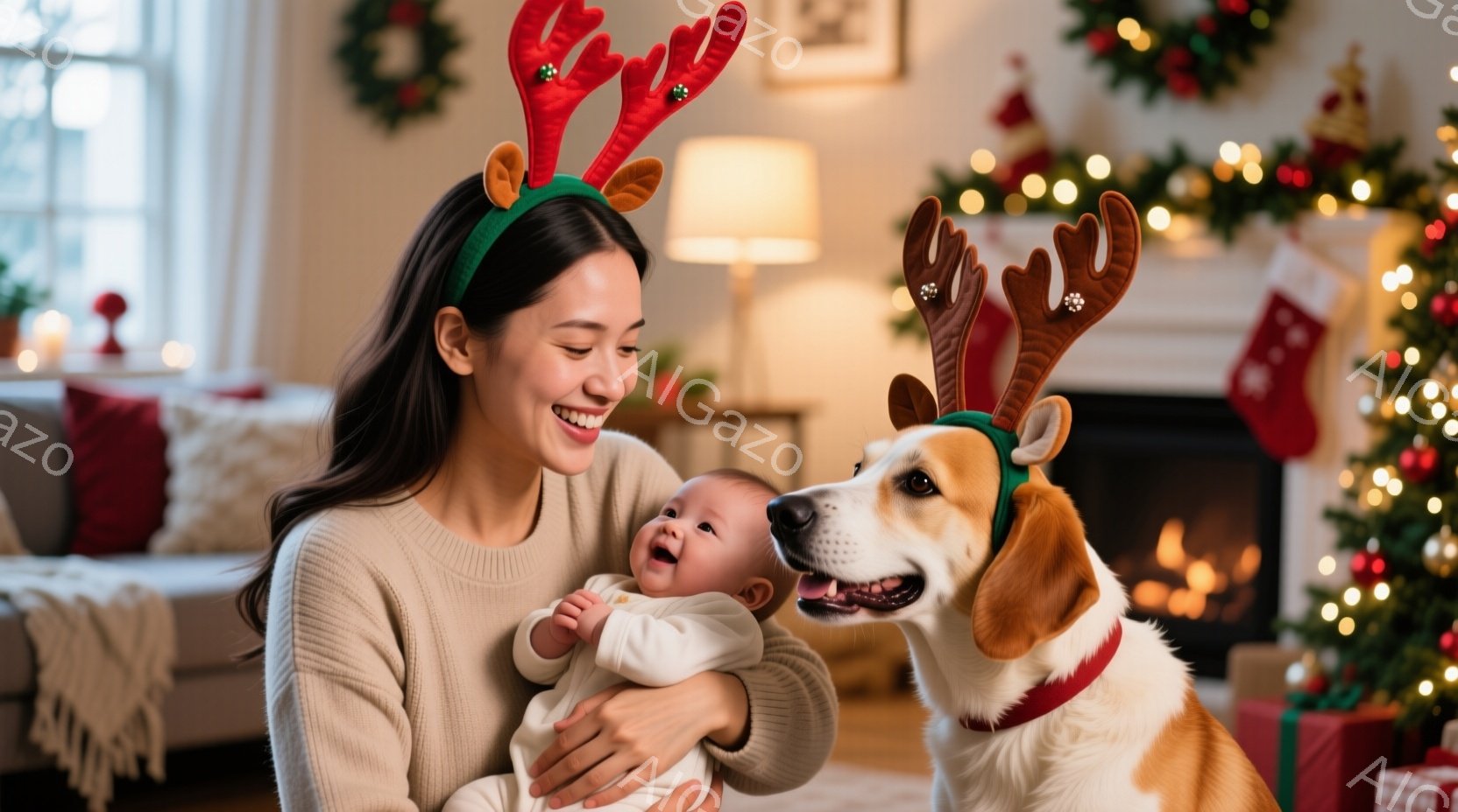暖炉のあるリビングで、母親が幼い赤ちゃんを抱き、犬がクリスマス仕様の角バンドを付けて寄り添っている様子が写っている。母親はベージュのセーターを着ており、赤ちゃんは白い服を着て笑顔を見せている。背景にはクリスマスツリーやプレゼント、暖炉の火が灯っており、温かく幸せな雰囲気が漂っている。