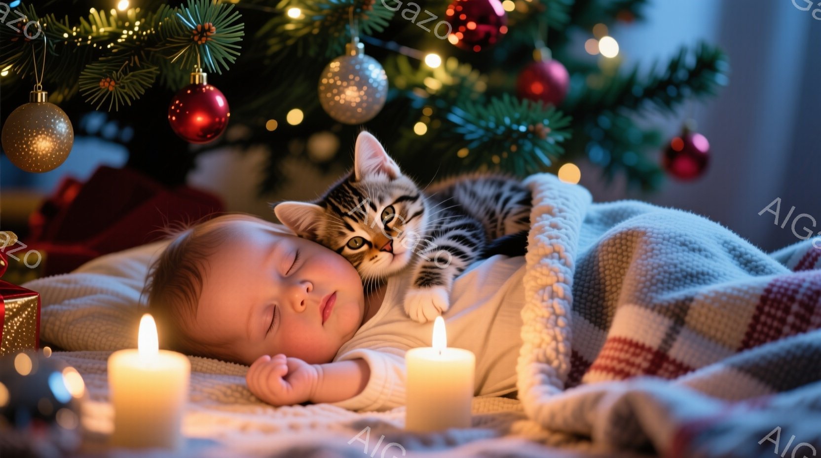 赤ちゃんは白いパジャマを着て、赤い縞模様のブランケットに包まれて眠っています。小さな縞模様の猫が赤ちゃんの胸の上で丸まって眠っており、近くには点灯したキャンドルが置かれています。背景にはクリスマスツリーが飾られ、暖かく穏やかな祝祭の雰囲気が漂っています。