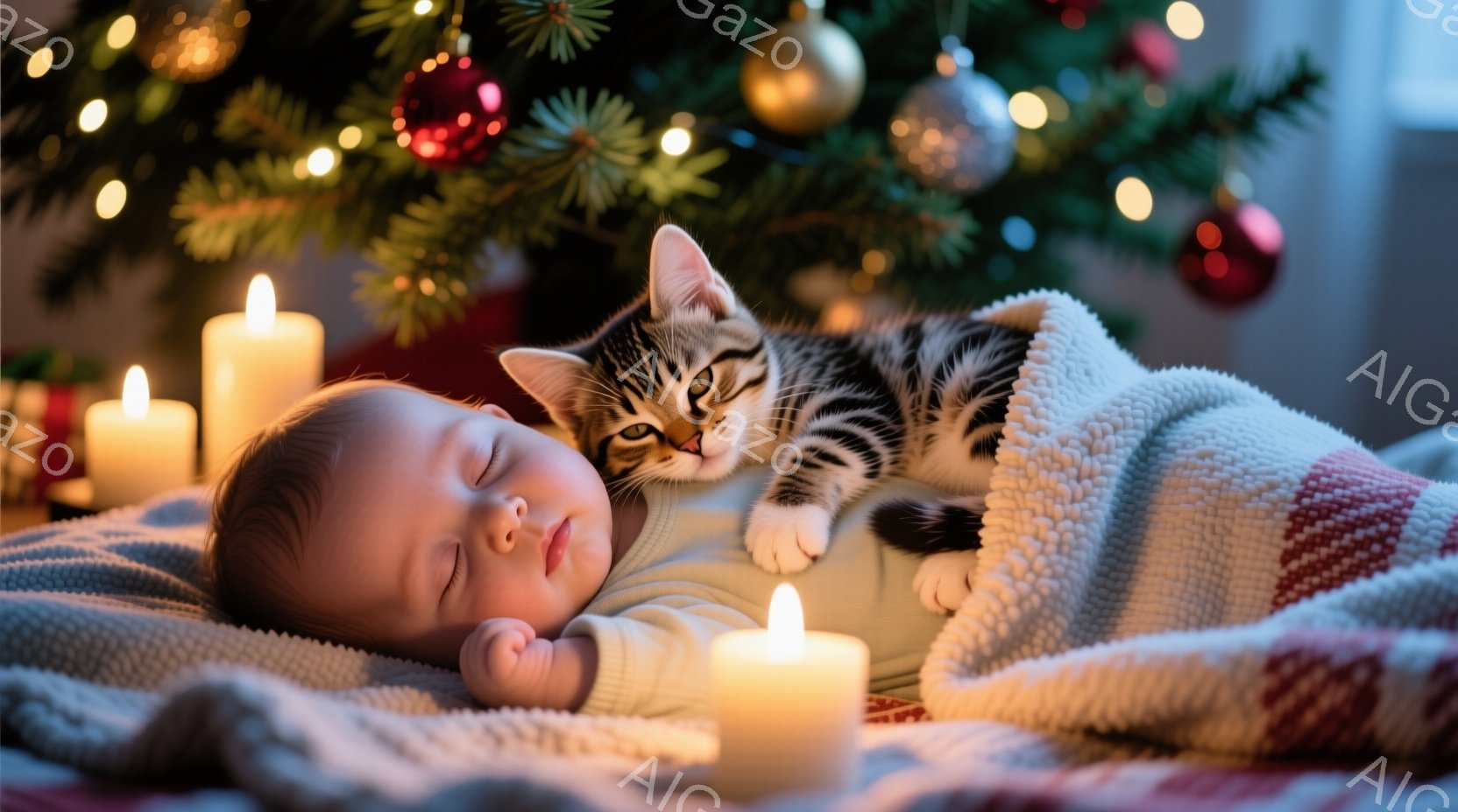 赤ちゃんは毛布に包まれ、静かに眠っています。そばには、縞模様の猫が寄り添い、穏やかな表情でこちらを見ています。背景にはクリスマスツリーが飾られ、周囲には灯されたキャンドルが暖かく優しい光を放ち、安らぎに満ちた雰囲気を醸し出しています。