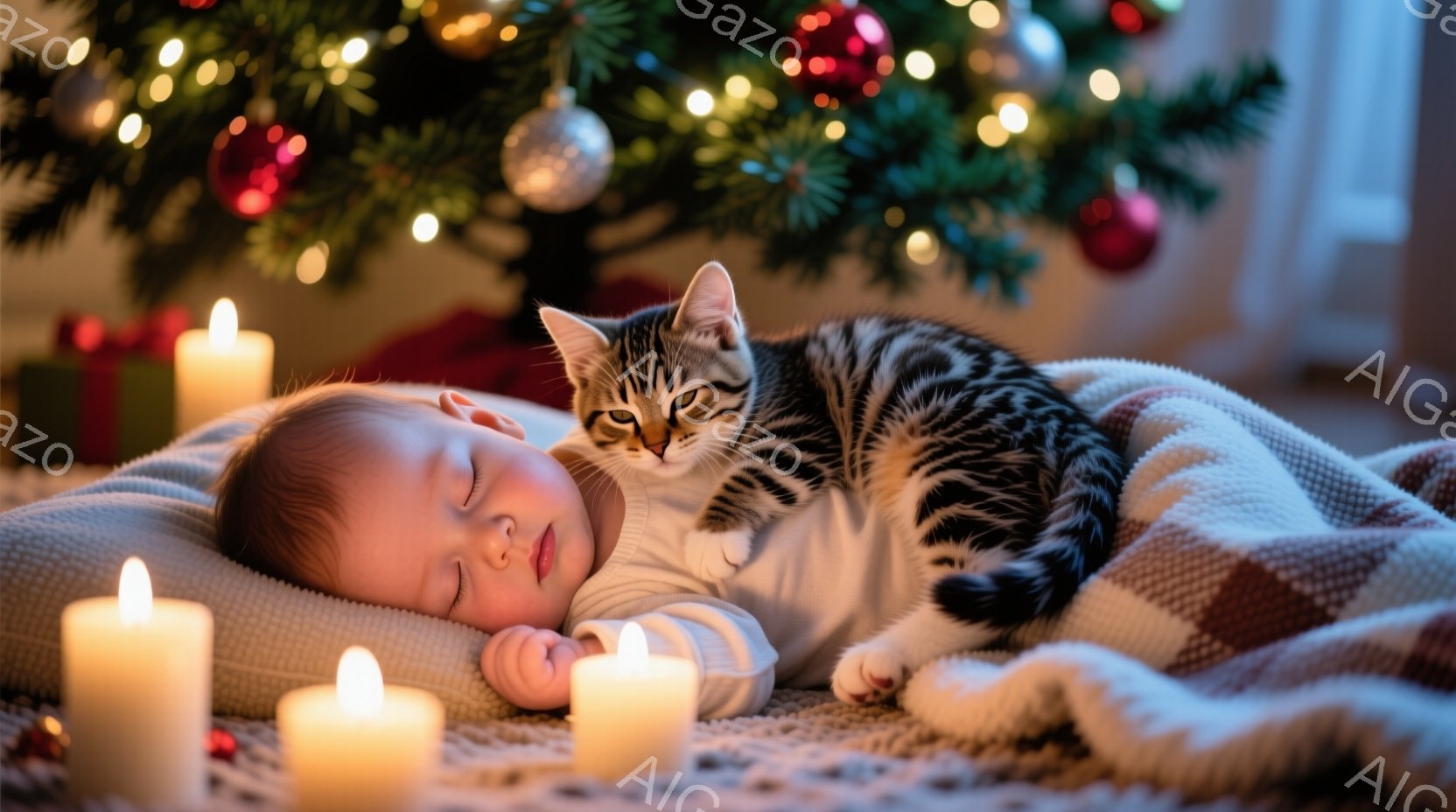 赤ちゃんが毛布に包まれ、眠っています。その隣には、縞模様の猫が寄り添い、こちらもリラックスした様子で眠っています。背景にはクリスマスツリーが飾られ、周囲には灯されたキャンドルが暖かく、穏やかな雰囲気を醸し出しています。