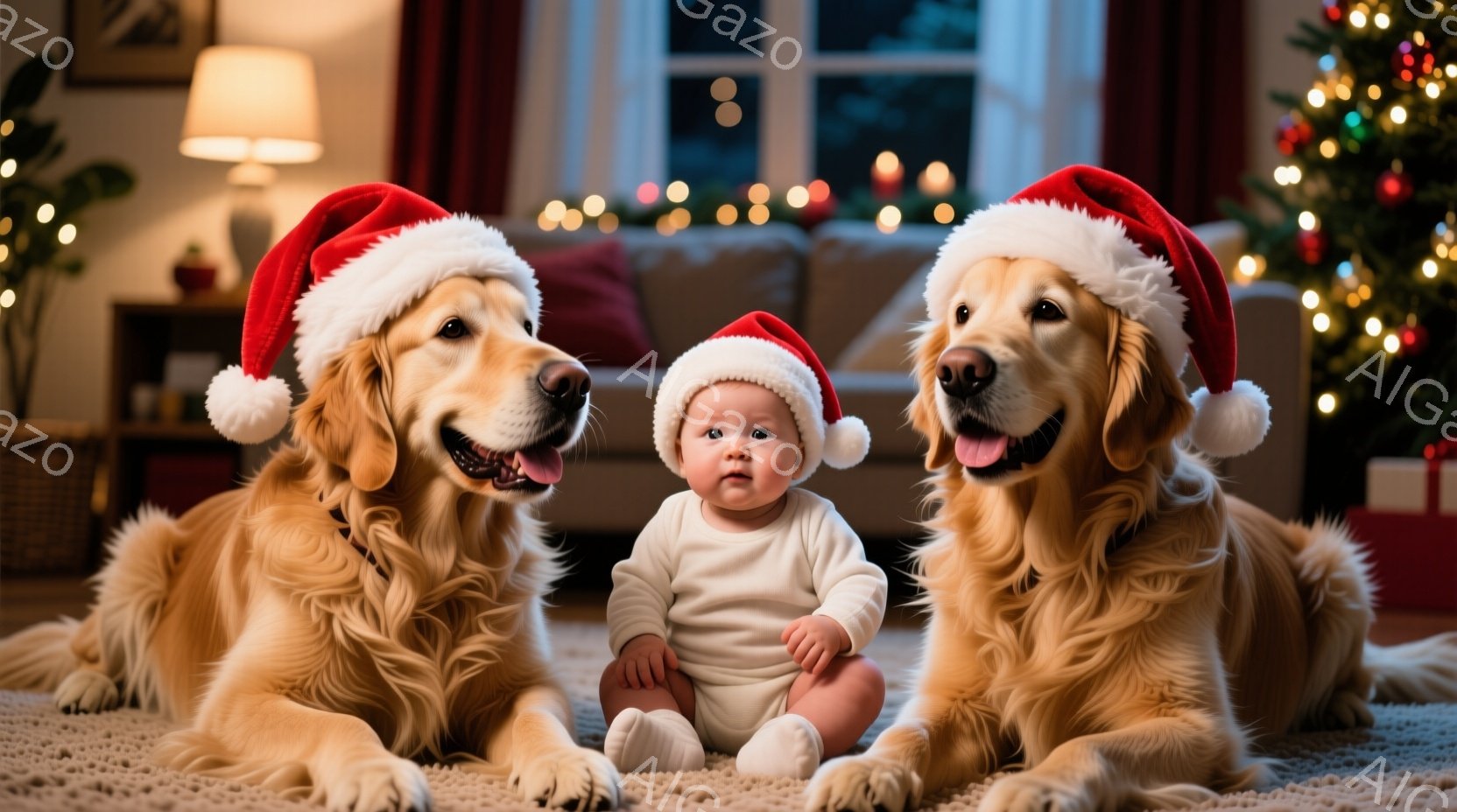 赤いサンタ帽をかぶった2匹のゴールデンレトリバーと、同じくサンタ帽をかぶった赤ちゃんが、白いカーペットの上に座って正面を見ている。背景にはクリスマスツリーの光と、ぼんやりと見える家具があり、温かく穏やかな家庭の雰囲気が漂っている。赤ちゃんの穏やかな表情と、犬たちのリラックスした姿勢が、ほほえましい光景を作り出している。