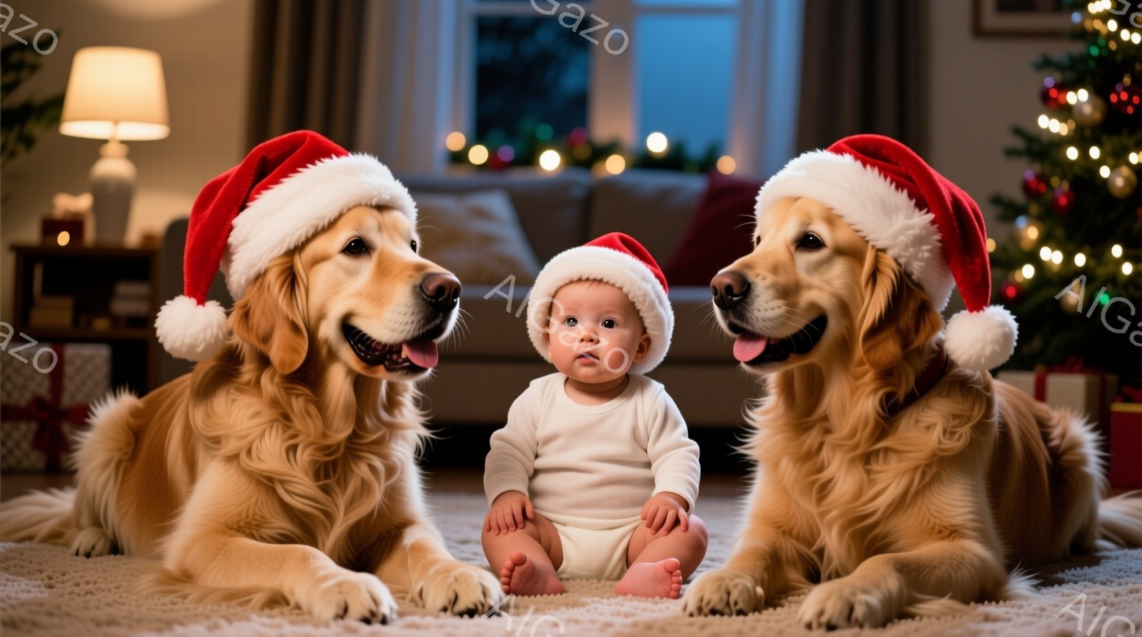 黄金色のレトリバー2匹と、白い服を着てサンタ帽をかぶった赤ちゃんが、白いカーペットの上に並んで座っています。犬たちはそれぞれ赤い首輪をつけ、口を開けて微笑んでいるように見え、リラックスした雰囲気です。背景には、クリスマスツリーの光とプレゼントボックスが見え、暖かく、お祝いムードに満ちています。