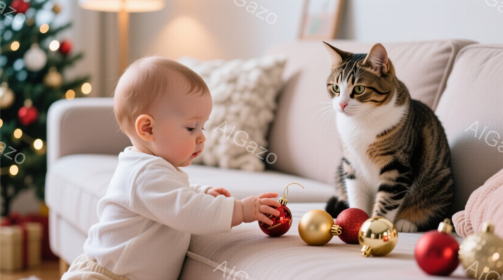 赤ちゃんが赤いオーナメントをつかもうとしています。白い服を着ており、好奇心旺盛な表情でオーナメントを見つめています。背景にはクリスマスツリーやソファがあり、温かく穏やかな雰囲気です。 - AI生成フリー素材