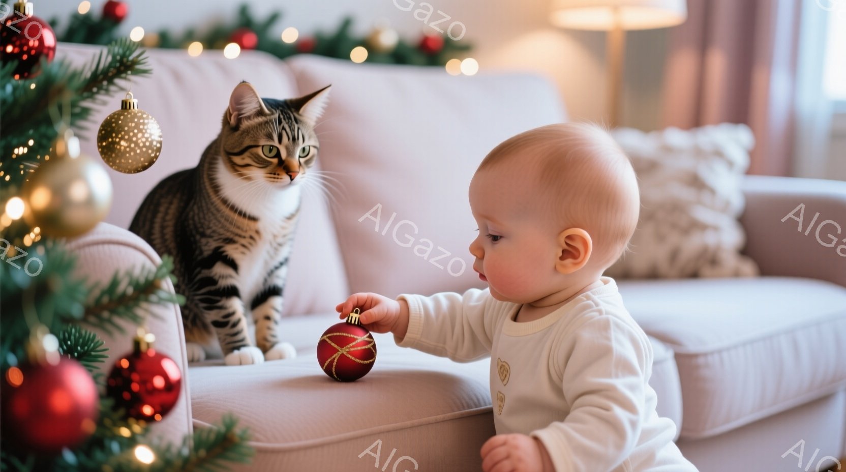 幼児がクリスマスの飾りである赤いオーナメントを手に持ち、興味津々とした表情でそれを見つめています。背景には、クリスマスツリーとソファーがあり、ソファーの上には縞模様の猫が座ってこちらを見ています。全体的に、温かく、居心地の良いホリデーシーズンを象徴する、幸せで穏やかな雰囲気の室内写真です。