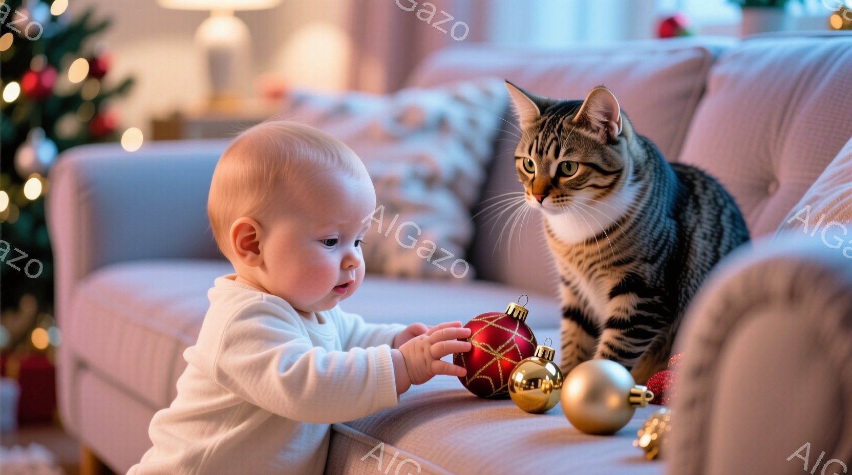 白いロンパースを着た幼い赤ちゃんが、赤いオーナメントを手に取り、興味津々とした表情でそれを見つめています。背景には、クリスマスツリーのぼんやりとした光と、そばにいる縞模様の猫がいます。全体的に、暖かく、穏やかで、お祝いムードに満ちた雰囲気です。