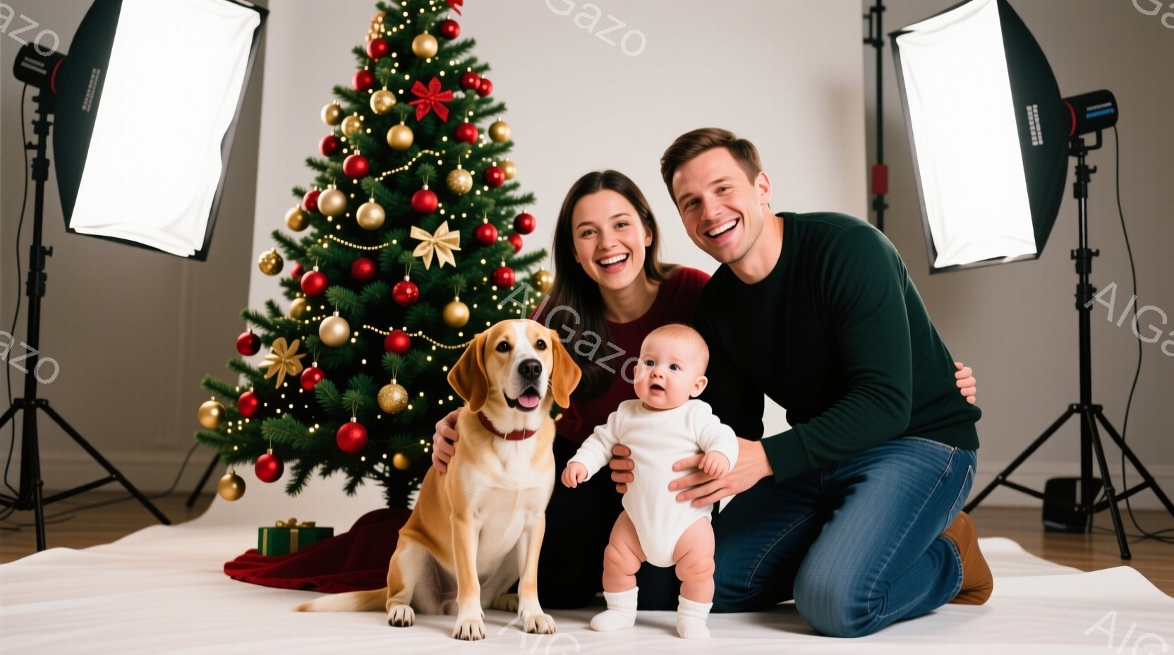 クリスマスツリーを背景に、笑顔の家族と愛犬が写っています。母親はロングヘアで、白いセーターを着ており、父親はジーンズに緑のセーターを着ています。赤ちゃんは白いロンパースを着ており、家族は皆、カメラに向かって幸せそうな表情を浮かべています。