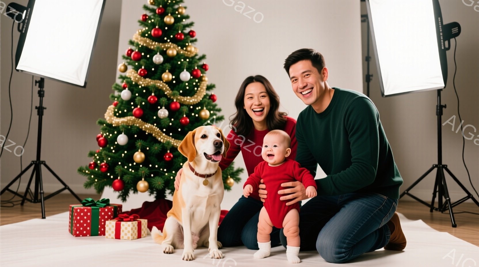 クリスマスツリーを背景に、笑顔の若い夫婦と犬、そして赤ちゃんが写っています。 夫婦はそれぞれ緑と青のカジュアルな服装で、赤ちゃんは真っ赤な服を着ています。 背景にはプレゼントボックスが置かれ、明るく温かいクリスマスの雰囲気が漂っています。