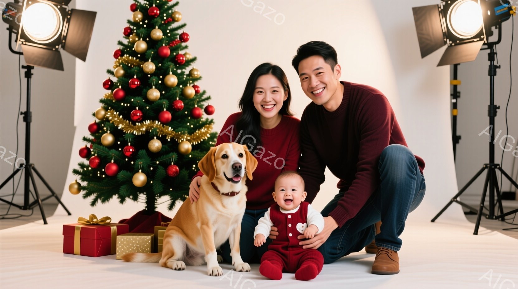 クリスマスツリーとプレゼントが置かれた白い背景で、笑顔の若い夫婦と赤ちゃんの写真です。母親は赤いセーター、父親はデニムと茶色のブーツ、赤ちゃんは赤いジャンプスーツを着ています。隣には、穏やかな表情のゴールデンレトリバーが座っており、全体的に温かく幸せな雰囲気が漂っています。