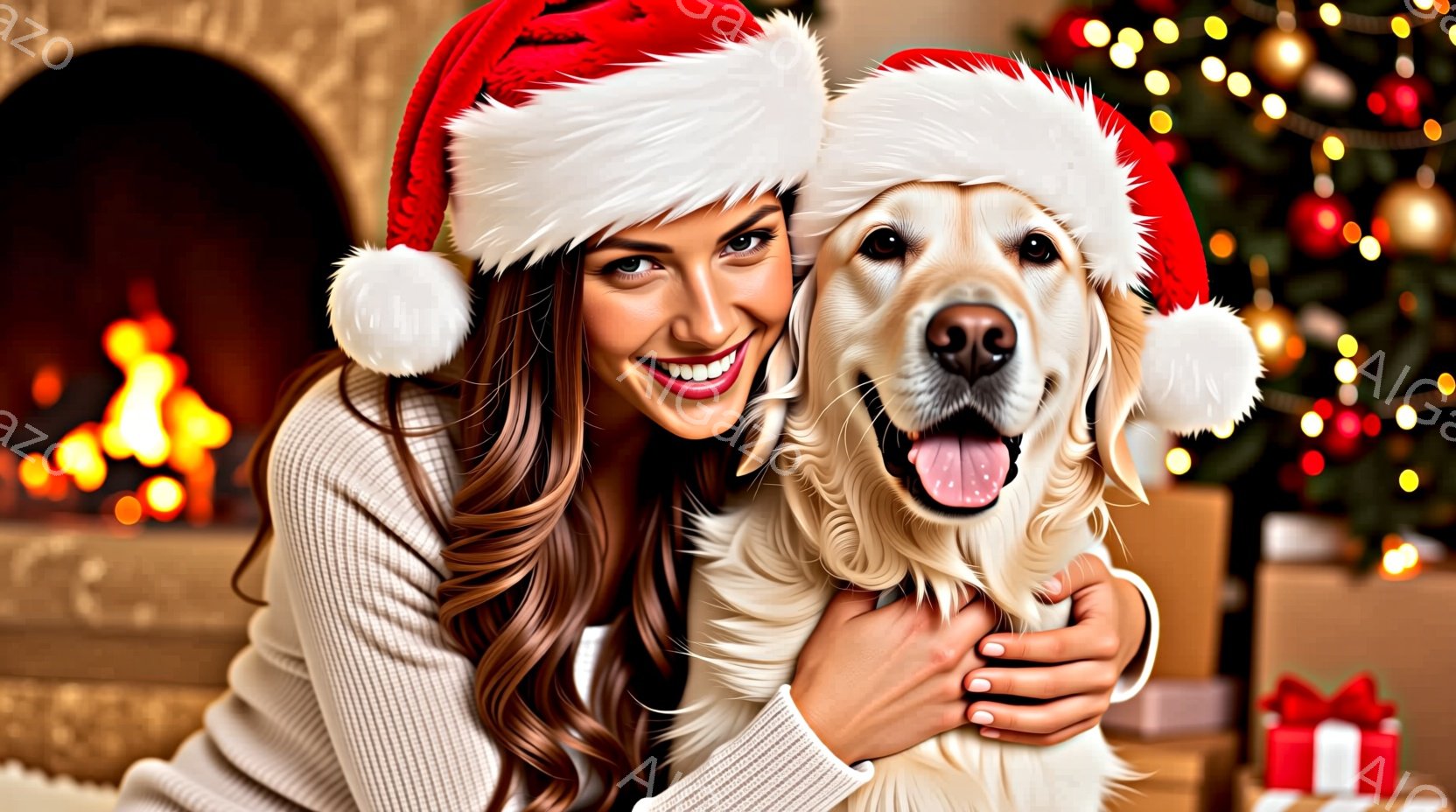 明るい笑顔の女性が、サンタ帽をかぶり、ゴールデンレトリバーを抱きしめています。女性はベージュのセーターを着ており、髪はゆるやかにカールしています。背景には、暖炉とクリスマスツリー、プレゼントボックスがあり、温かく幸せな雰囲気を醸し出しています。