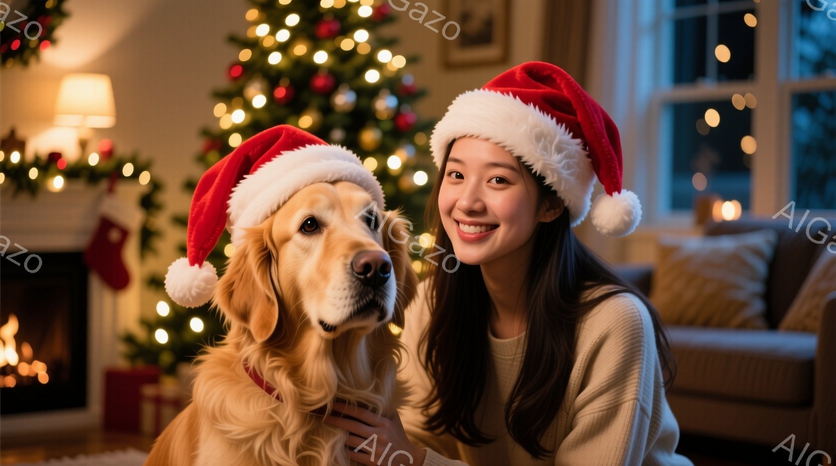 室内で、茶色の毛並みの大型犬と若い女性がクリスマスの帽子をかぶって笑顔でカメラを見ている。女性はベージュ色のセーターを着ており、長い髪は自然に肩にかかっている。背景には、クリスマスツリー、暖炉、そしてぼんやりとした室内灯が見え、温かく幸せな雰囲気が漂っている。