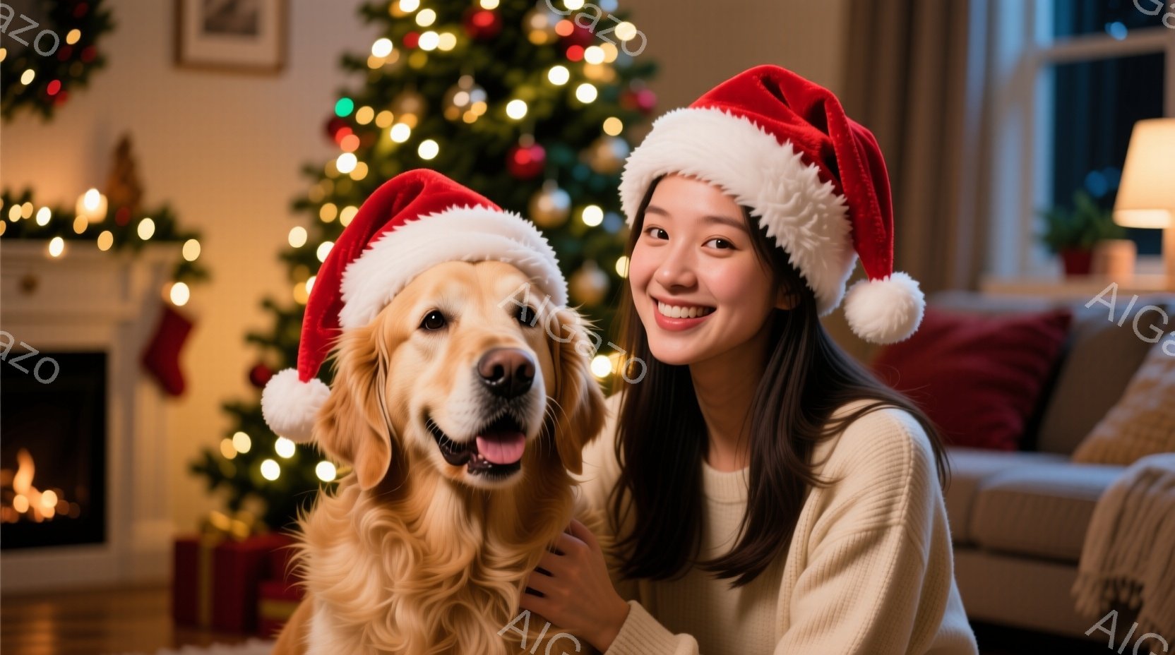 暖炉とクリスマスツリーのある暖かいリビングルームで、女性とゴールデンレトリバーが並んで座っています。女性は白いセーターを着ており、長い髪はストレートで、笑顔を見せています。犬はクリスマスツリーの帽子をかぶり、幸せそうにカメラを見ており、全体的に温かく、お祝いムードに満ちた雰囲気です。