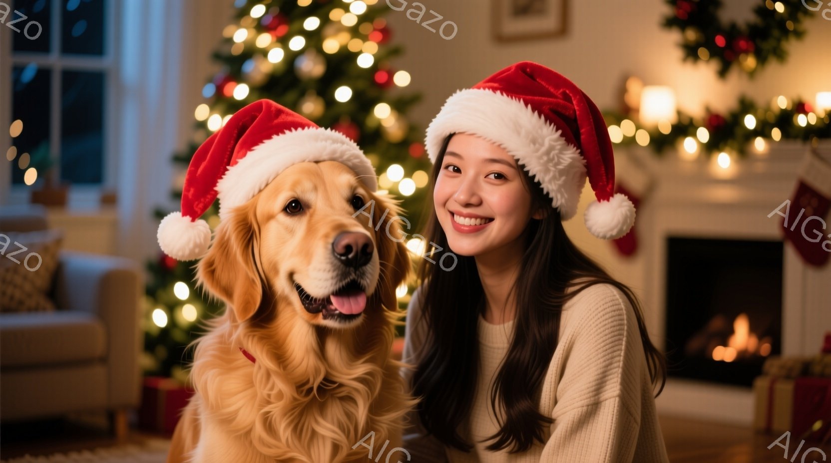 金髪の女性とゴールデンレトリバーが、それぞれサンタ帽を被ってカメラに向かって微笑んでいます。女性はベージュのセーターを着ており、長い髪は自然に垂れ下がっています。背景にはクリスマスツリーや暖炉、プレゼントボックスが見え、温かく幸せなクリスマスの雰囲気が漂っています。
