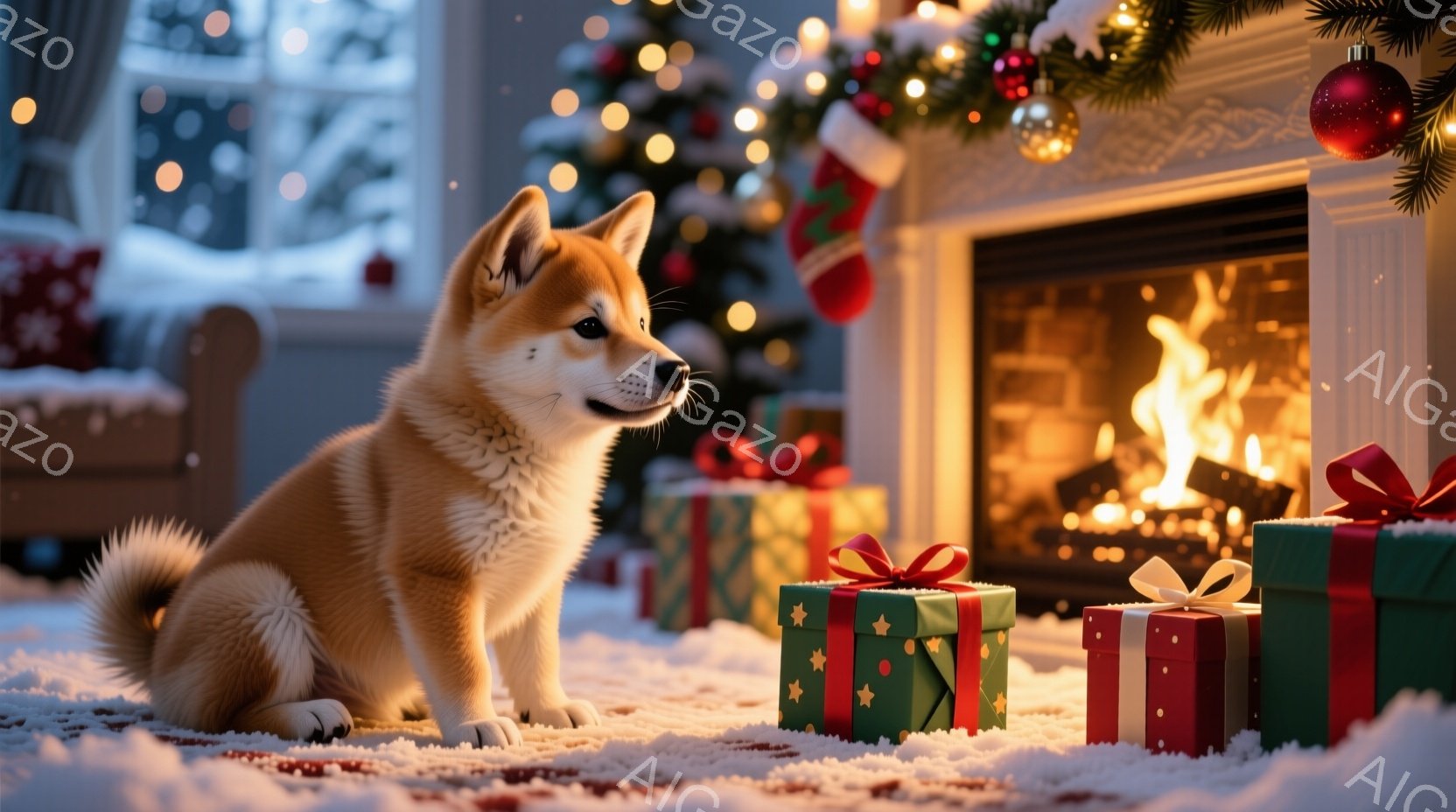 柴犬が赤い敷物の上で座っており、その表情は穏やかで少しどこかを見つめているようです。背景にはクリスマスツリーと暖炉があり、暖炉の炎が優しく灯っています。プレゼントボックスがいくつか並べられており、全体的に温かく、クリスマスの雰囲気が漂う、心地よい光景です。