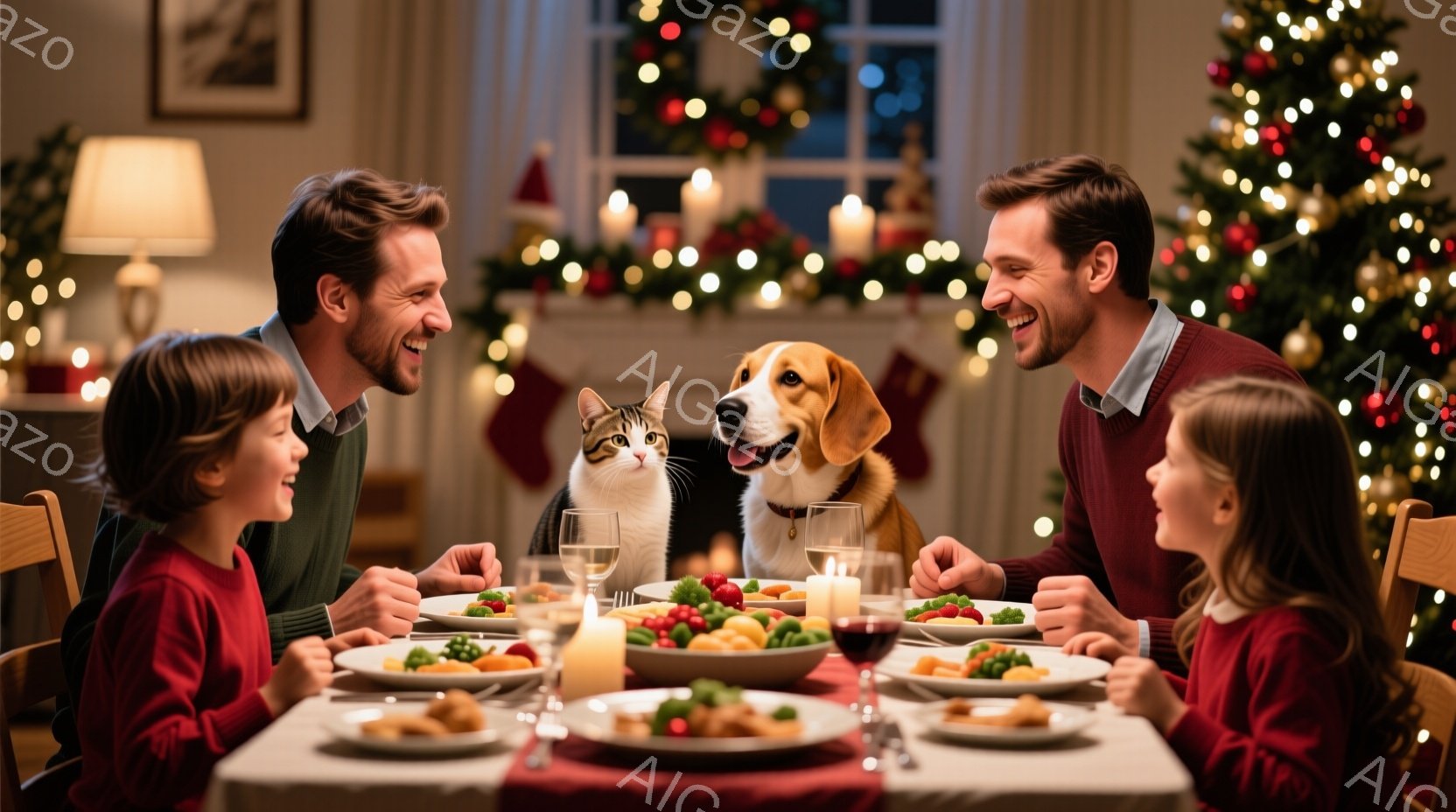 暖炉の明かりとクリスマスツリーの光が、食卓を温かく照らしています。2人の男性と2人の少女が夕食を楽しんでおり、皆笑顔でリラックスした表情を浮かべています。テーブルにはワイングラスやキャンドル、そして美味しそうな料理が並び、猫と犬もテーブルの近くで一緒に食事を楽しんでいる様子が、温かく幸せな家族の雰囲気を伝えています。