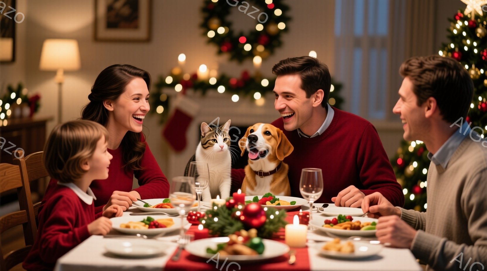 温かい光に包まれたダイニングテーブルを囲み、家族が楽しそうに食事をしている様子が描かれています。母親は長い茶髪を後ろに流し、笑顔で子供を見つめ、父親と息子も同じように微笑んでいます。背景にはクリスマスツリーや装飾が飾られ、テーブルには美味しそうな料理が並び、温かく幸せなクリスマスの雰囲気が漂っています。