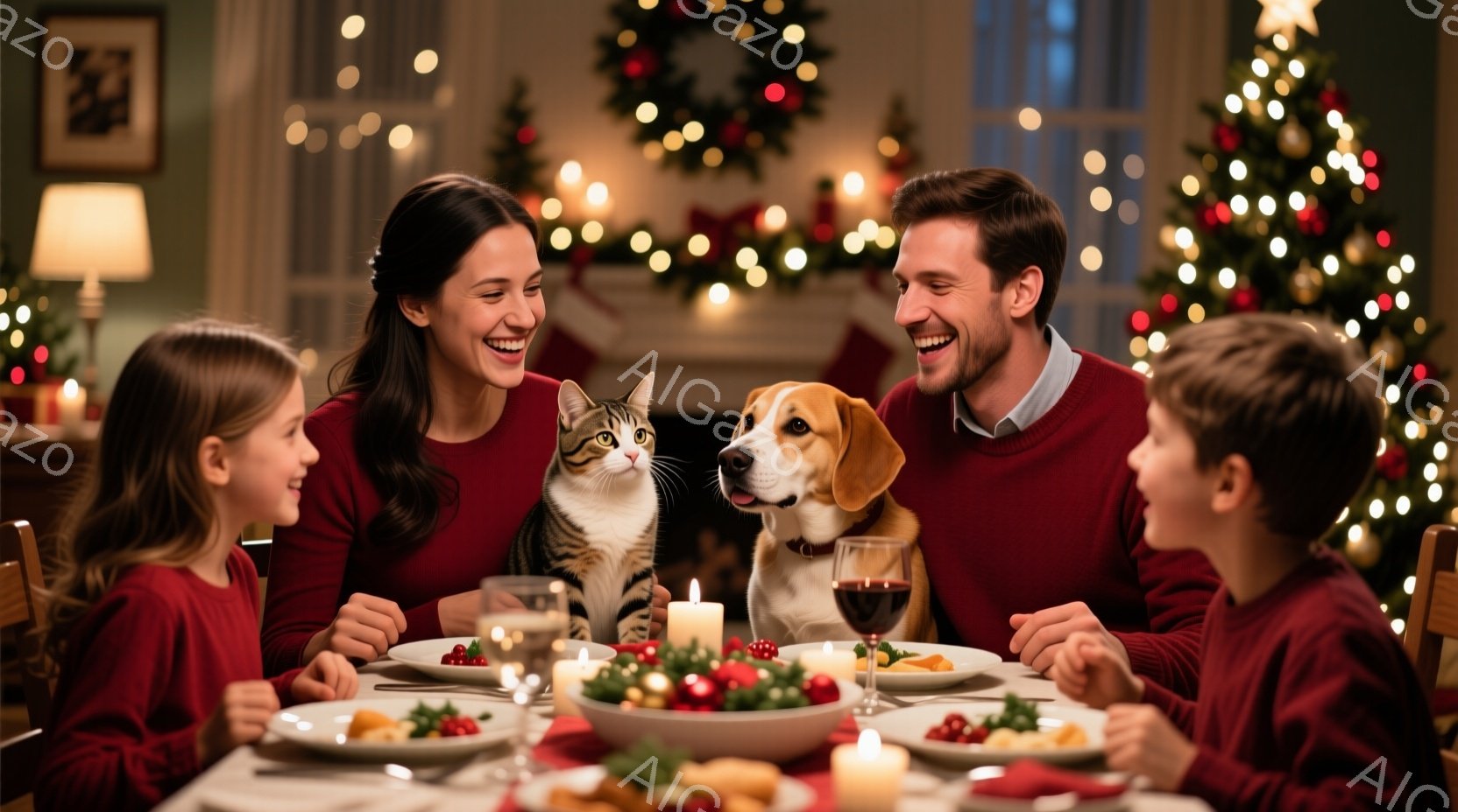 温かい光に包まれた食卓を囲む家族の姿が描かれています。母親は長い茶髪で微笑み、赤いセーターを着ています。テーブルにはワイングラスや料理が並び、猫と犬が寄り添って座っており、クリスマスの装飾が背景にぼんやりと輝き、全体的に温かく幸せな雰囲気を醸し出しています。