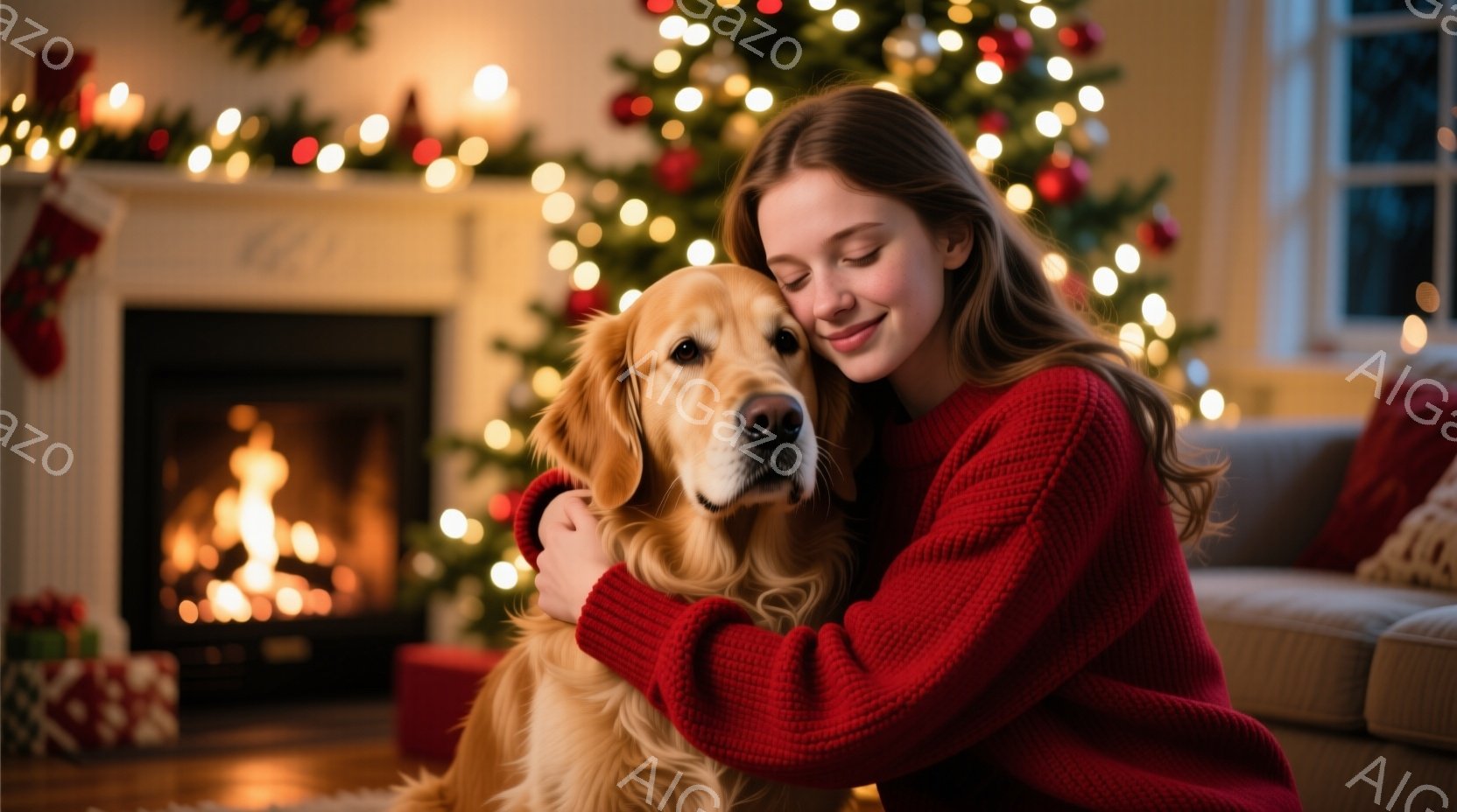 赤いセーターを着た若い女性が、温炉のそばでゴールデンレトリバーを抱きしめています。女性は微笑んでおり、犬はリラックスした表情で寄り添っています。背景にはクリスマスツリーが飾られ、暖炉の炎が温かく光り、居心地の良い休日の雰囲気を醸し出しています。