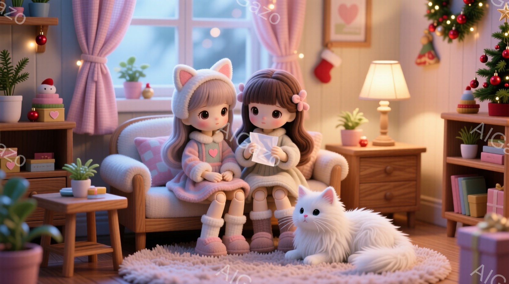暖炉のある居間に、可愛らしい人形のような少女たちが座っています。ピンク色の水玉模様のセーターと、耳のついた帽子をかぶり、片手に手紙を持っています。背景にはクリスマスツリーや植物、暖炉があり、白猫が絨毯の上でくつろいでいて、温かく、穏やかなクリスマスの雰囲気を醸し出しています。