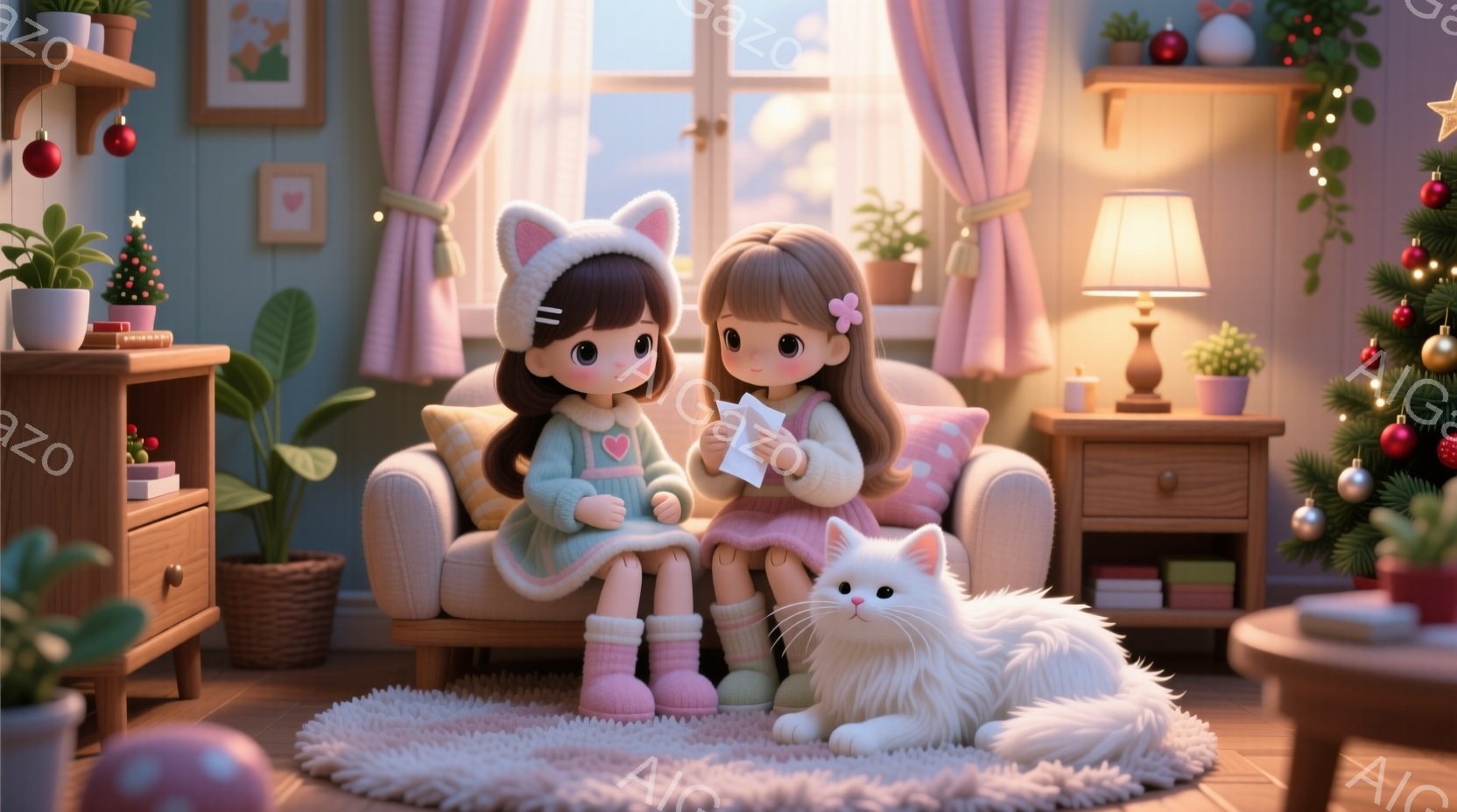 暖炉のある居間に、可愛らしい女の子たちが座っています。ピンクと水色のセーターを着て、頭には動物の耳がついた帽子をかぶり、小さな手で手紙を交換しています。背景にはクリスマスの飾り付けが施されたツリーや植物があり、窓の外には雪景色が広がっています。