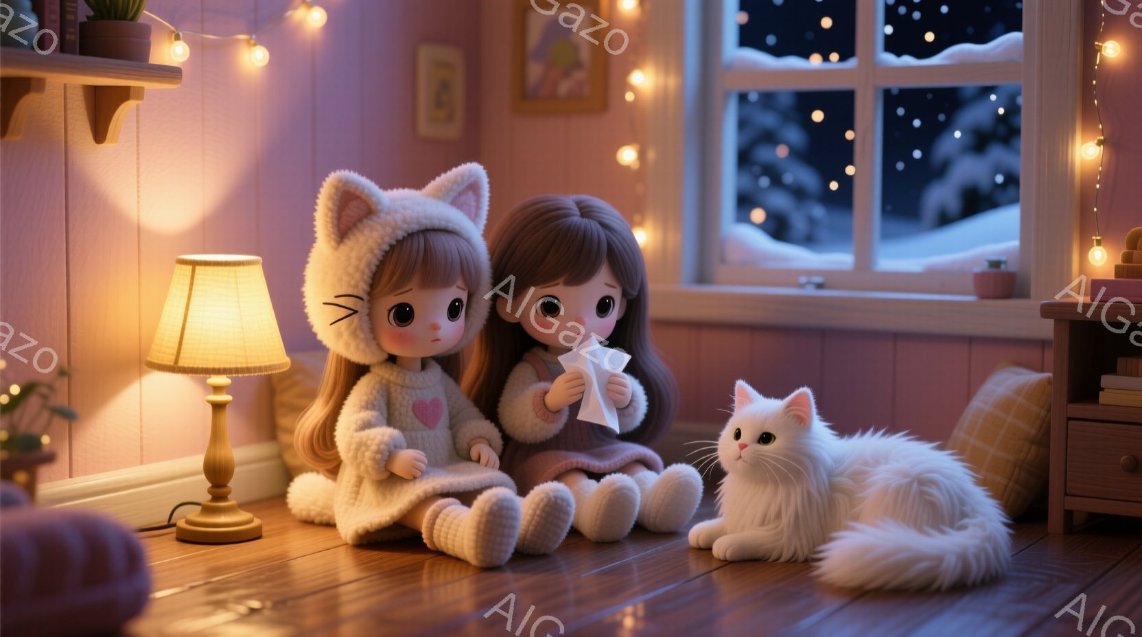少女たちは暖炉のそばの床に座り、片方はウサギの耳のついたパーカーを着ており、もう片方はピンク色のセーターを着ています。どちらも大きな瞳で少し悲しげな表情をしており、片方の少女は鼻をかんでいます。背景には雪景色が見える窓があり、部屋は温かい光で満たされ、リラックスした、少し寂しげな雰囲気を醸し出しています。