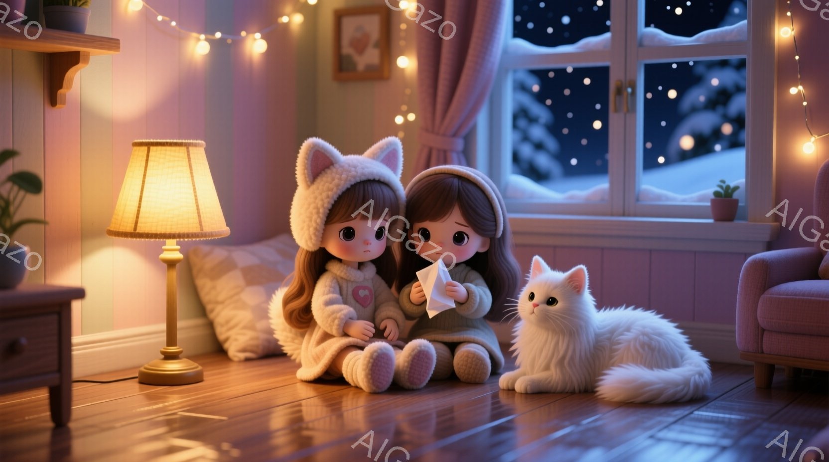 二人の少女は、暖炉の前で寄り添って座っており、それぞれ灰色の帽子を被っています。彼女たちは、薄いピンク色のセーターを着ており、悲しげな表情をしています。背景には雪景色が見える窓、電気、そして植物が配置されており、部屋全体が暖かく、少し寂しげな雰囲気を醸し出しています。