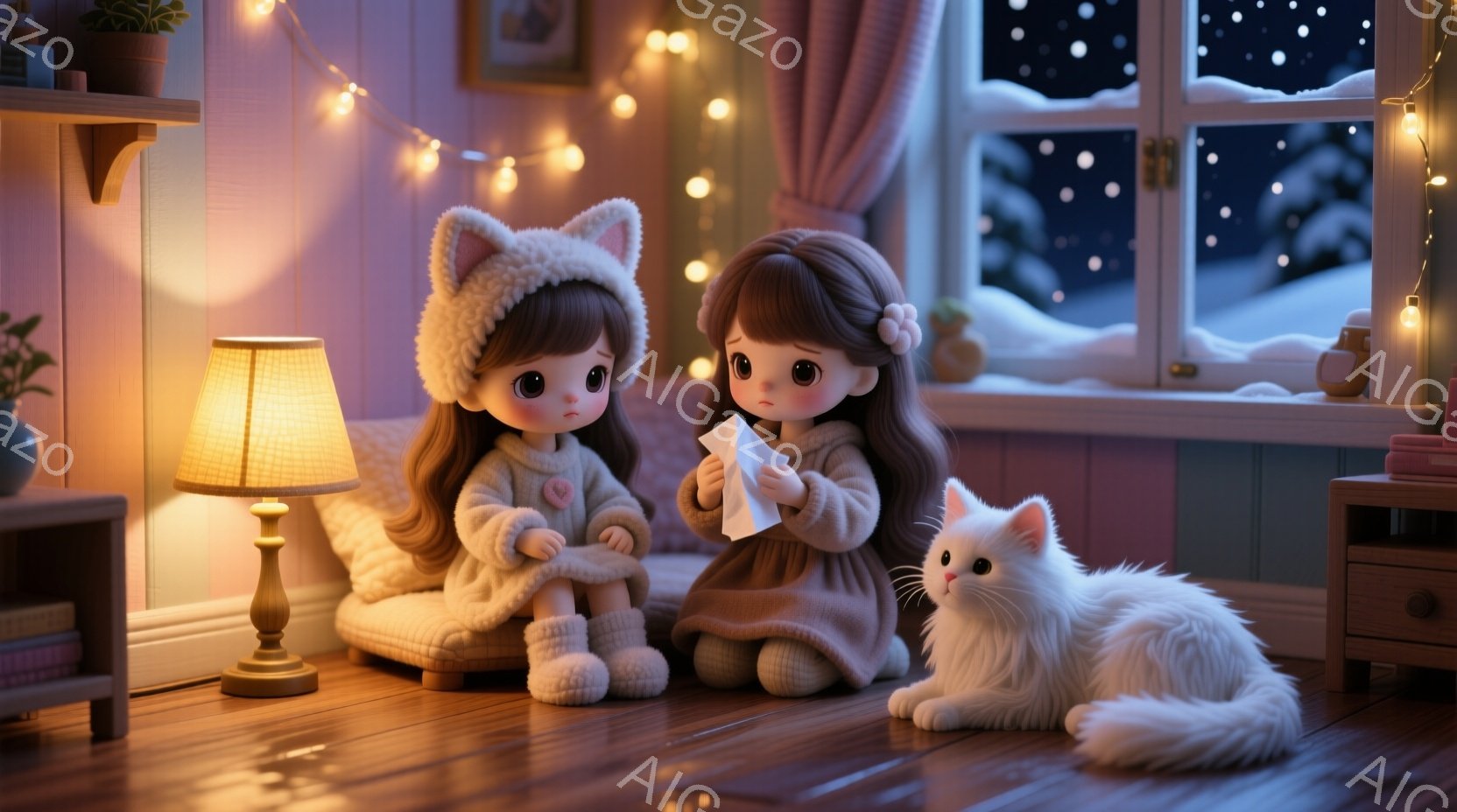 ふわふわの茶色の髪に、猫耳フードを被った二人の女の子が、膝を抱えて座っています。彼女たちは薄いピンク色の頬と少し悲しげな表情をしており、片手に折り紙のようなものを握っています。背景には雪が降る夜の風景が見え、暖炉の光と電飾が温かい雰囲気を醸し出しています。