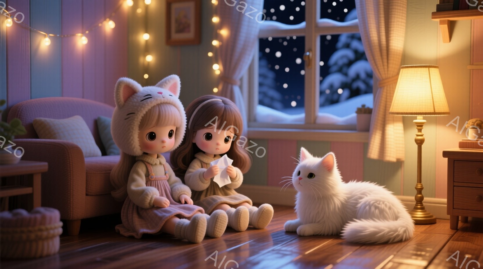 暖炉のある居間に、可愛らしい人形たちが座っています。片方の人形は、ピンクのニット帽とワンピースを着ており、もう片方は茶色の髪を二つに結んで少し悲しそうな表情をしています。窓の外は雪景色で、部屋全体が温かく、優しい雰囲気です。