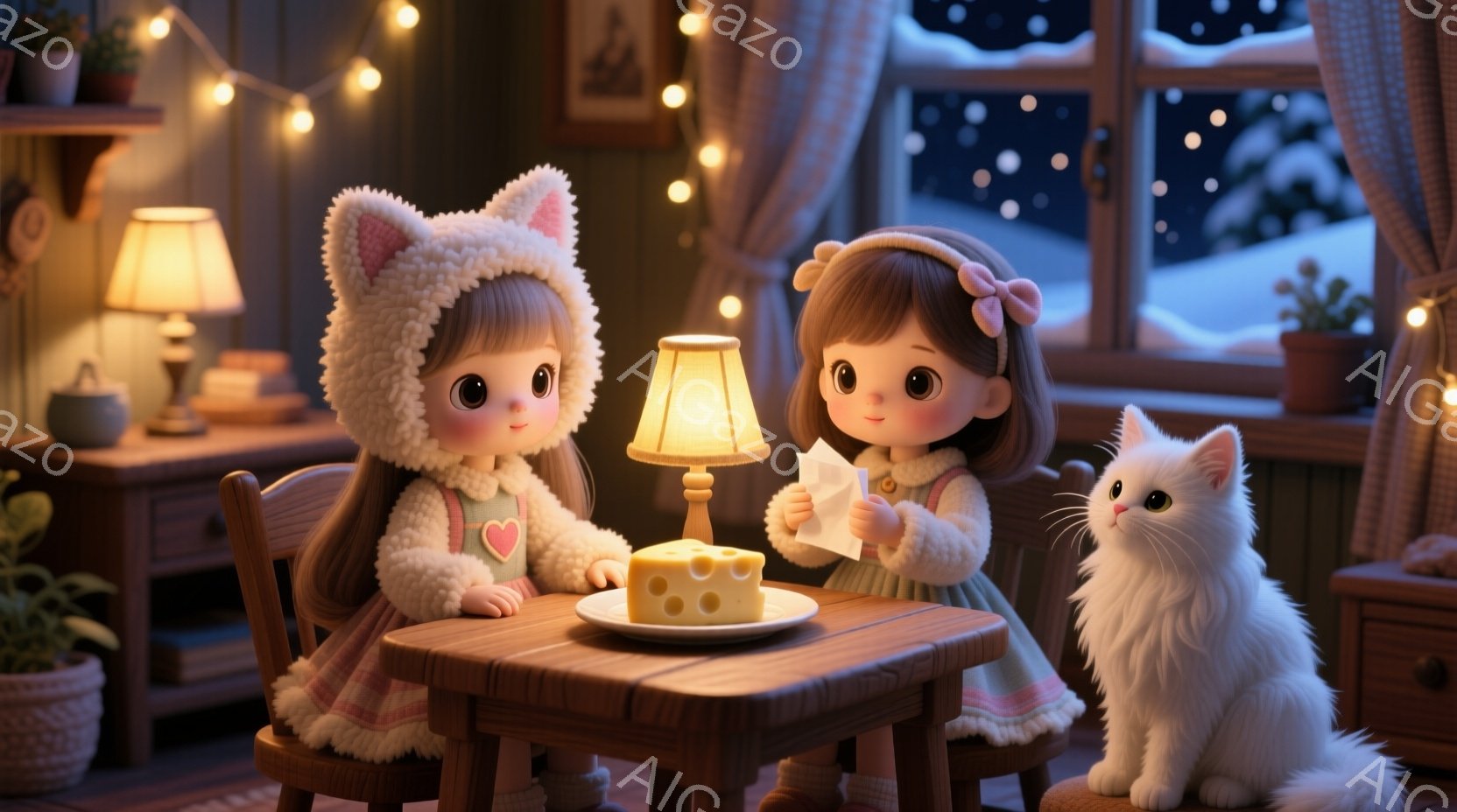 二人の幼い少女が、暖炉のある部屋で小さな木製のテーブルを囲んでいます。片方の少女は耳のついた帽子をかぶり、もう片方はリボンで髪を結い、どちらも可愛らしい表情をしています。背景には雪景色が広がり、室内は温かい光に包まれ、クリスマスの飾り付けが施された暖炉と、猫が寄り添い、穏やかで心温まる雰囲気が漂っています。