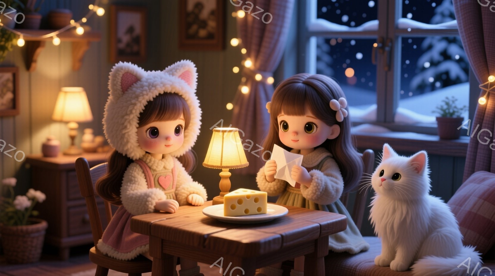 二人の少女が暖炉のそばの小さな木製のテーブルを囲んでおり、片方の少女は白いフリルのついたフード付きのコートを着て、もう片方の少女は緑のドレスを着ています。彼女たちはそれぞれ白い紙を手に持ち、テーブルの上にはチーズの塊があります。背景には雪景色が見え、部屋は暖かい光で満たされ、クリスマスの飾りや植物が飾られています。