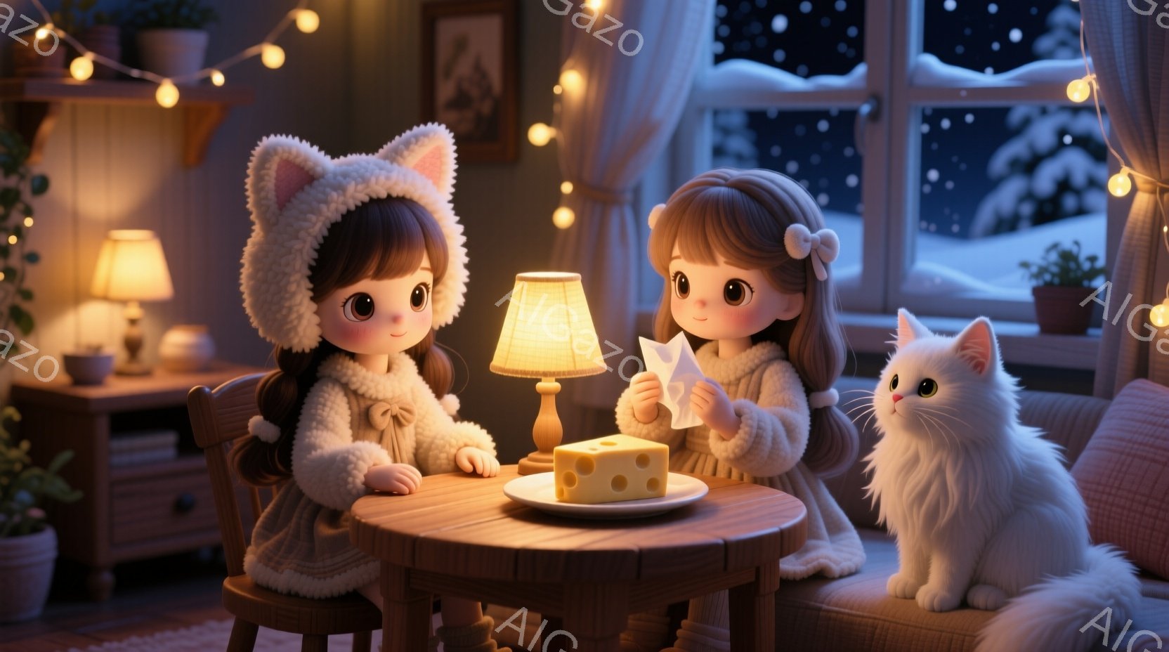 二人の少女が暖炉のある部屋でテーブルを囲んでいます。彼女たちは白い冬のコートを着ており、片方は白い猫の帽子をかぶっています。テーブルの上にはチーズの塊と切り紙があり、少女の一人はそれを丁寧に扱っています。