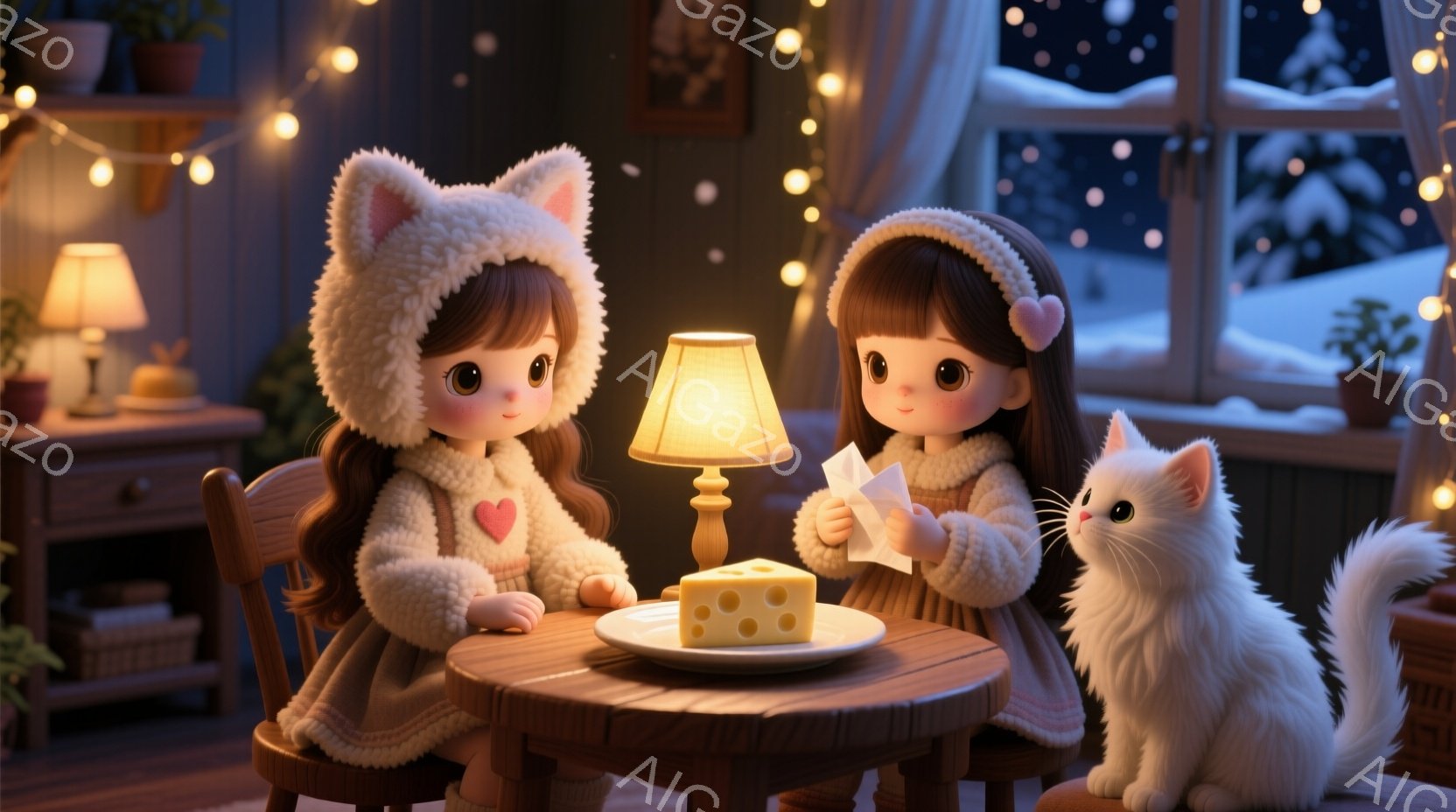 二人の可愛らしい少女が、丸い木のテーブルを囲んで座っています。それぞれクリーム色のフード付きコートを着て、同じくクリーム色の帽子を被っており、茶色のカールした髪が覗いています。背景には窓の外に雪景色が広がり、暖炉や植物、そしてテーブルの上にはチーズのスライスが置かれ、全体的に温かく穏やかな雰囲気が漂っています。