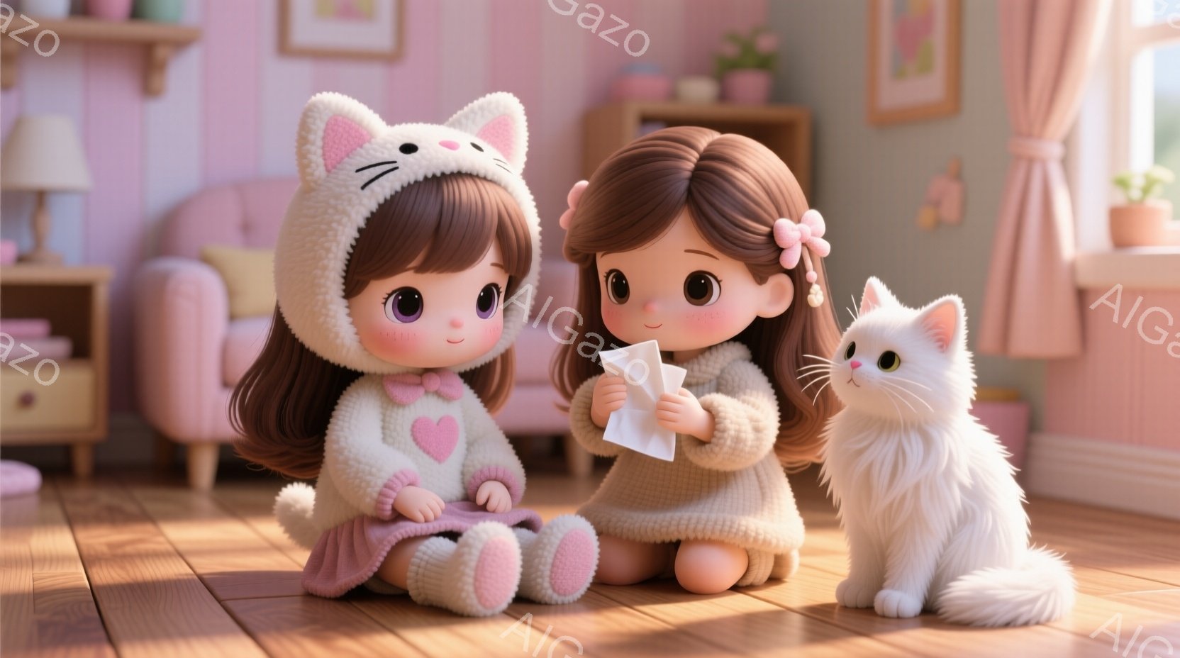 ふわふわの毛糸のセーターと帽子を身につけた女の子たちが、床に座って何かを折っている様子が描かれています。ピンク色のセーターと帽子を着用した女の子は、ハート型のボタンが可愛らしいです。背景には、パステルカラーのソファや植物が配置され、温かく穏やかな雰囲気を醸し出しています。