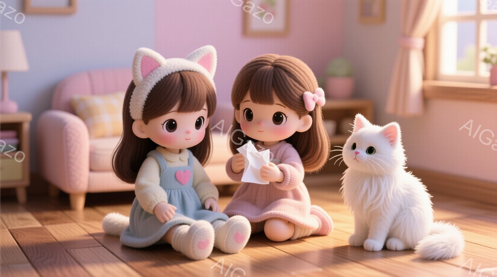 二人の幼い女の子が床に座り、白い紙飛行機を共有しています。片方の女の子は水色のワンピースと猫耳のヘアバンドをつけ、もう一人はピンク色のワンピースを着ています。背景には、ピンク色のソファ、木製の床、窓から差し込む光があり、全体的に温かく穏やかな雰囲気です。