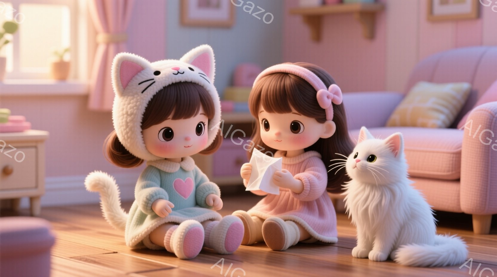二人の少女がフローリングの床に座り、白い猫が彼女たちを見つめています。片方の少女はピンクの猫耳帽子とセーターを着ており、もう片方はピンクのセーターを着て髪にリボンをつけています。背景には木製のキャビネットと柔らかいピンク色のソファがあり、室内は暖かく、居心地の良い雰囲気です。