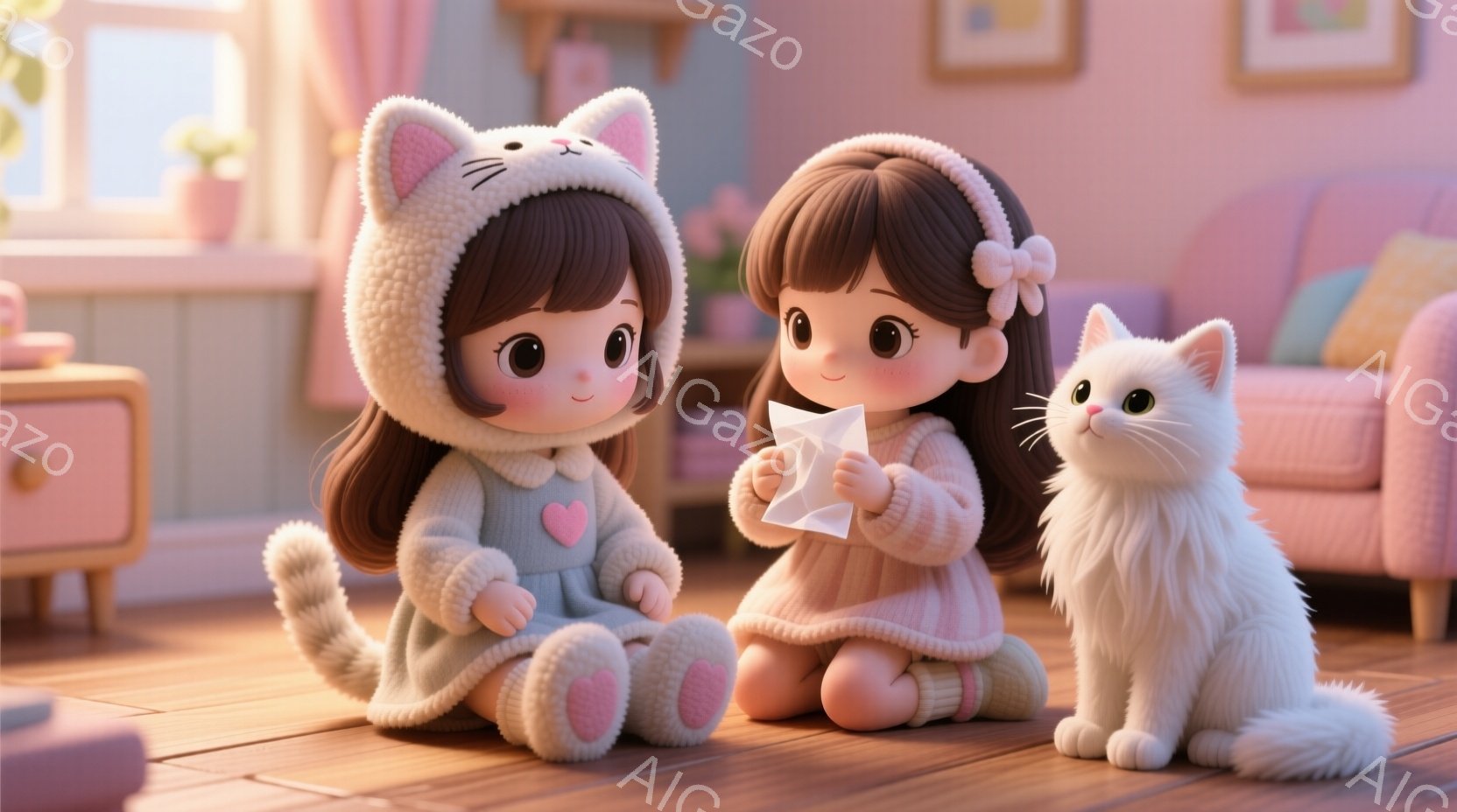 二人の可愛らしい女の子が床に座って遊んでいます。片方の女の子は猫耳フード付きの淡いピンク色の服を着ており、もう片方は淡い茶色の服を着ています。背景には木製の床、ピンクのキャビネット、そして白いふわふわの猫がいます。