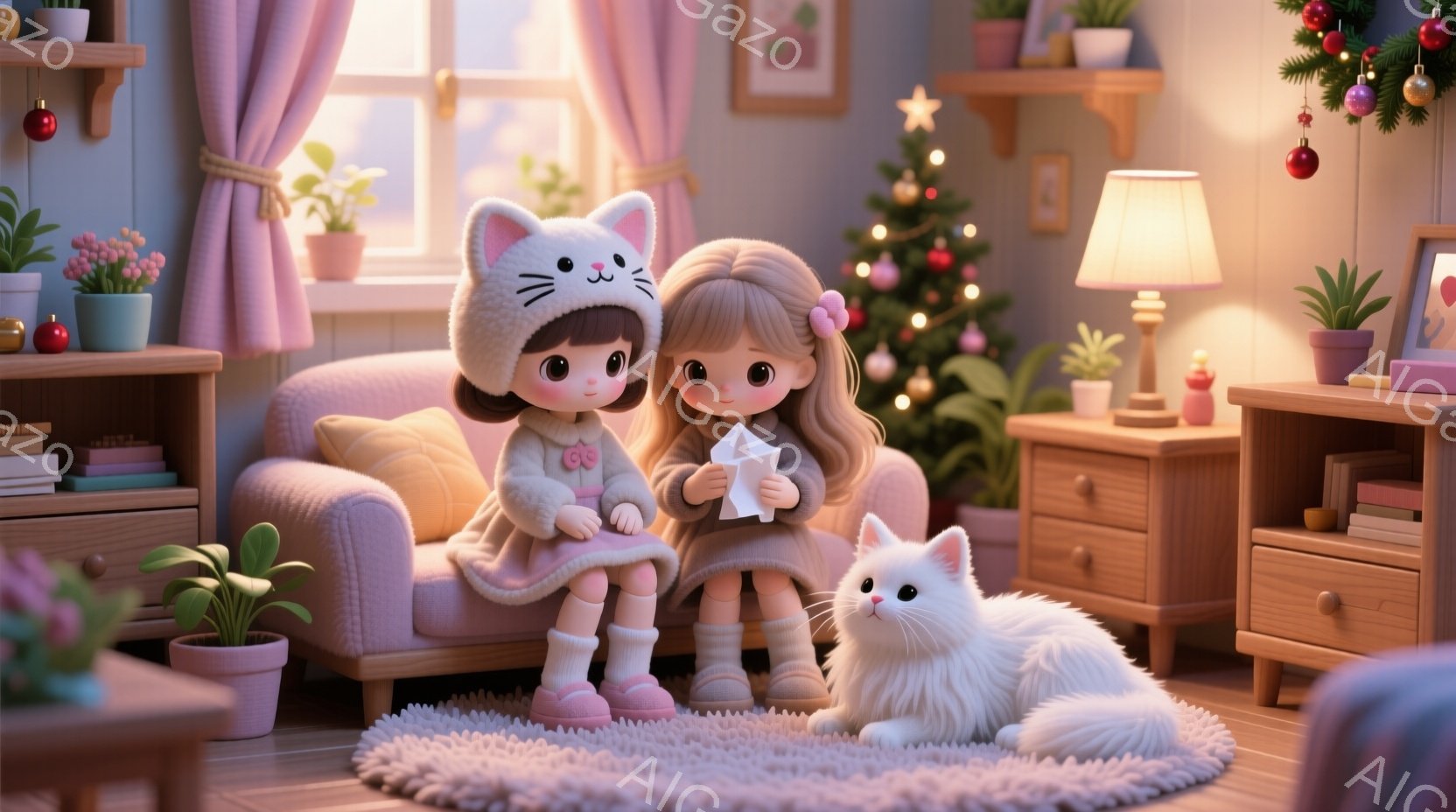 ふわふわの毛糸の帽子をかぶった二人の女の子が、クリーム色のソファに並んで座り、白い紙の折り紙を手にしています。彼女たちはピンク色の暖かい服装をしており、そばにはふわふわの白い猫がリラックスして座っています。背景には、クリスマスの飾り付けられた木、植物、暖炉のある居心地の良い部屋が広がっており、全体的に温かく幸せな雰囲気を醸し出しています。