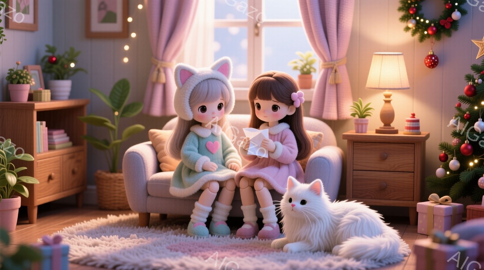 暖炉のある居間に、可愛らしい女の子二人が寄り添って座っています。二人ともパステルカラーの冬物コートを着ており、片方の女の子は猫耳の帽子をかぶっています。白い猫が二人の足元でくつろぎ、背景にはクリスマスツリーやプレゼントが置かれ、暖かく穏やかなクリスマスの雰囲気が漂っています。