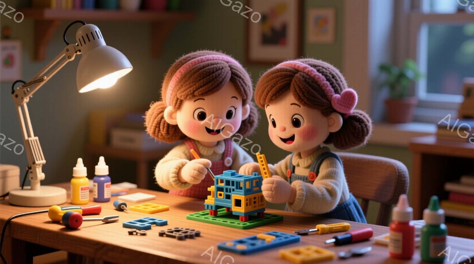 二人の女の子がテーブルを挟んでブロックで建物を組み立てています。彼女たちは白いセーターにオーバーオールを着ており、ふさふさとした茶色の髪をアップにしています。背景には、植物や色とりどりのブロック、そして暖色系の照明が暖かく、創造的な雰囲気を醸し出しています。