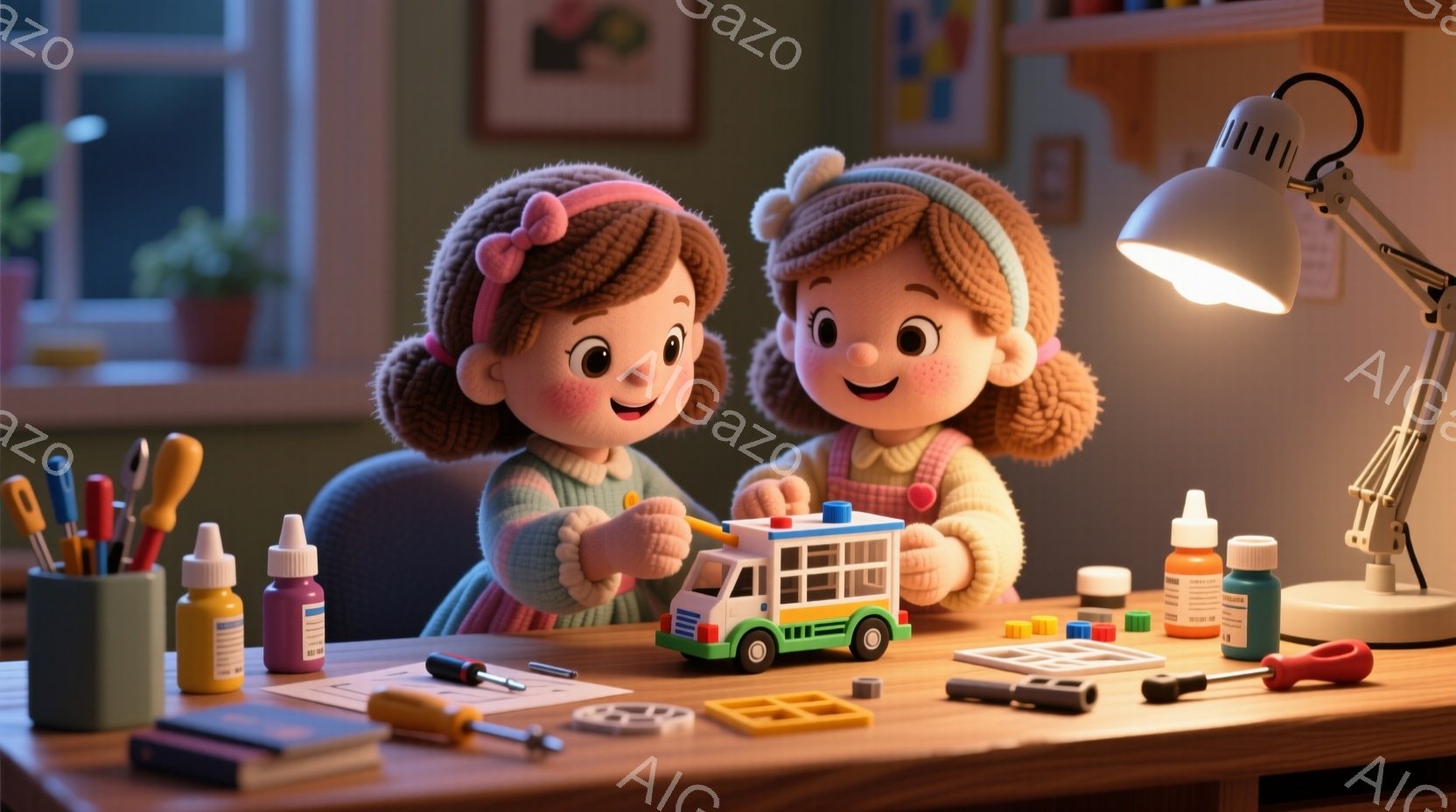 二人の少女が、工作用の青いキャンパーバンのおもちゃに取り組んでいます。彼女たちはピンクの髪のリボンで結んだカールした髪をしており、明るい表情で楽しそうに作業しています。背景には、工具、塗料、組み立て式の部品が置かれた木製のテーブルがあり、暖色系の光が全体を照らし、家庭的な温かい雰囲気を作り出しています。