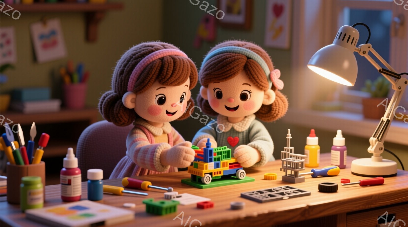 明るい茶色の巻き毛にピンクのリボンをつけた二人の幼い女の子が、カラフルなブロックで遊んでいます。二人はそれぞれピンクと水色のセーターを着ていて、集中した表情でブロックを組み立てています。背景には、絵筆やボトル、そしてぼやけた建物のシルエットが見え、暖かく創造的な雰囲気が漂っています。