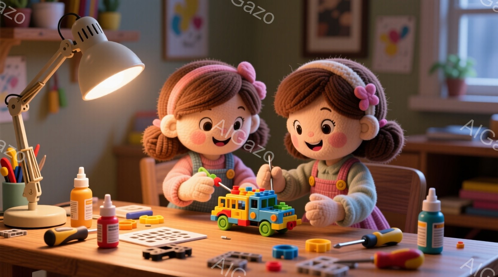 明るい茶髪を二つに結んだ幼い少女が二人、テーブルを挟んで座り、カラフルなブロックで遊んでいます。ピンク色のセーターを着ており、楽しそうな笑顔を浮かべています。背景には、絵画や植物が見え、暖かく穏やかな雰囲気が漂っています。