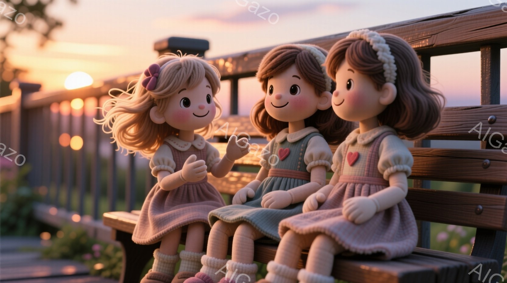 二人の少女が木製のベンチに座っており、それぞれピンクと緑の可愛らしいワンピースを着ています。片方の少女は髪を振りかざし、もう片方は穏やかな笑顔を浮かべ、お互いに何か話しているようです。背景には、夕焼け空と緑豊かな自然が広がり、温かく穏やかな雰囲気です。