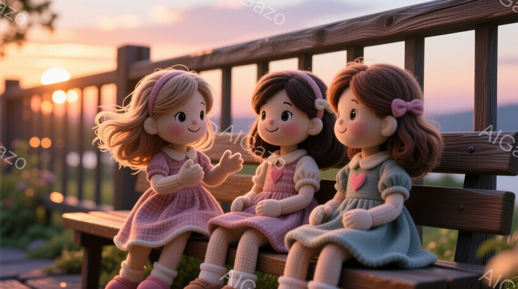 3人の少女が木製のベンチに並んで座っており、それぞれピンク、薄いピンク、水色のニットセーターとスカートを着用しています。彼女たちは皆、カールした髪にリボンをつけており、それぞれ穏やかな笑顔を見せています。背景には穏やかな水面と夕焼けが広がり、温かく平和な雰囲気を醸し出しています。