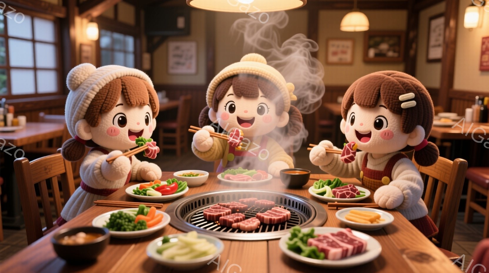 かわいらしい人形のような3人の女の子が、ホットプレートを囲んで食事をしている様子が描かれています。女の子たちは皆、クリーム色の帽子を被り、赤い頬と明るい笑顔を見せており、肉や野菜をトングで挟んで楽しんでいるようです。背景は木製のテーブルと椅子、そして暖色系の照明が落ち着いた雰囲気を醸し出しており、日本の焼肉店のような内装が窺えます。